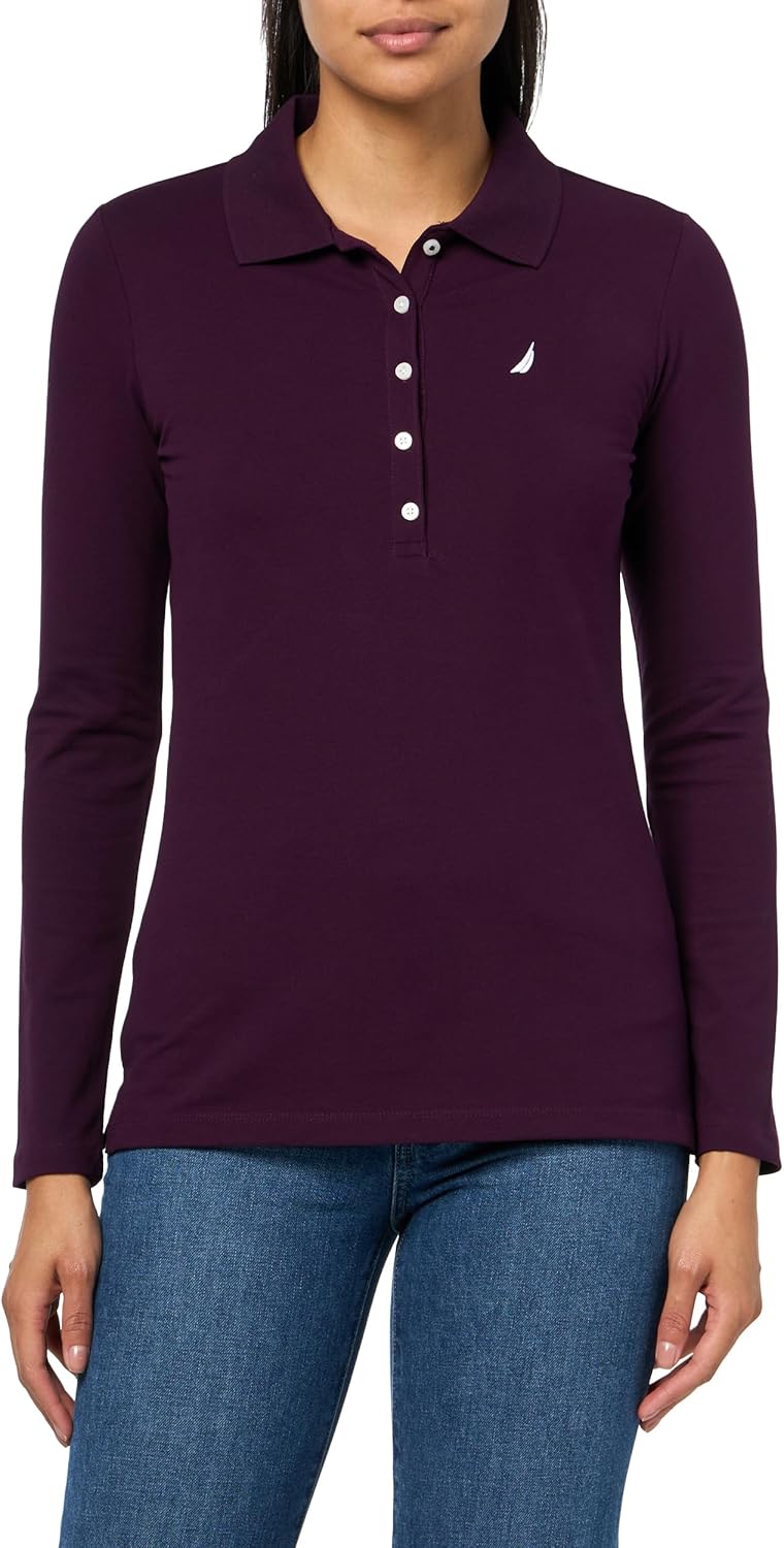 Nautica Womens Long Sleeve Solid Collared Polo Shirt
