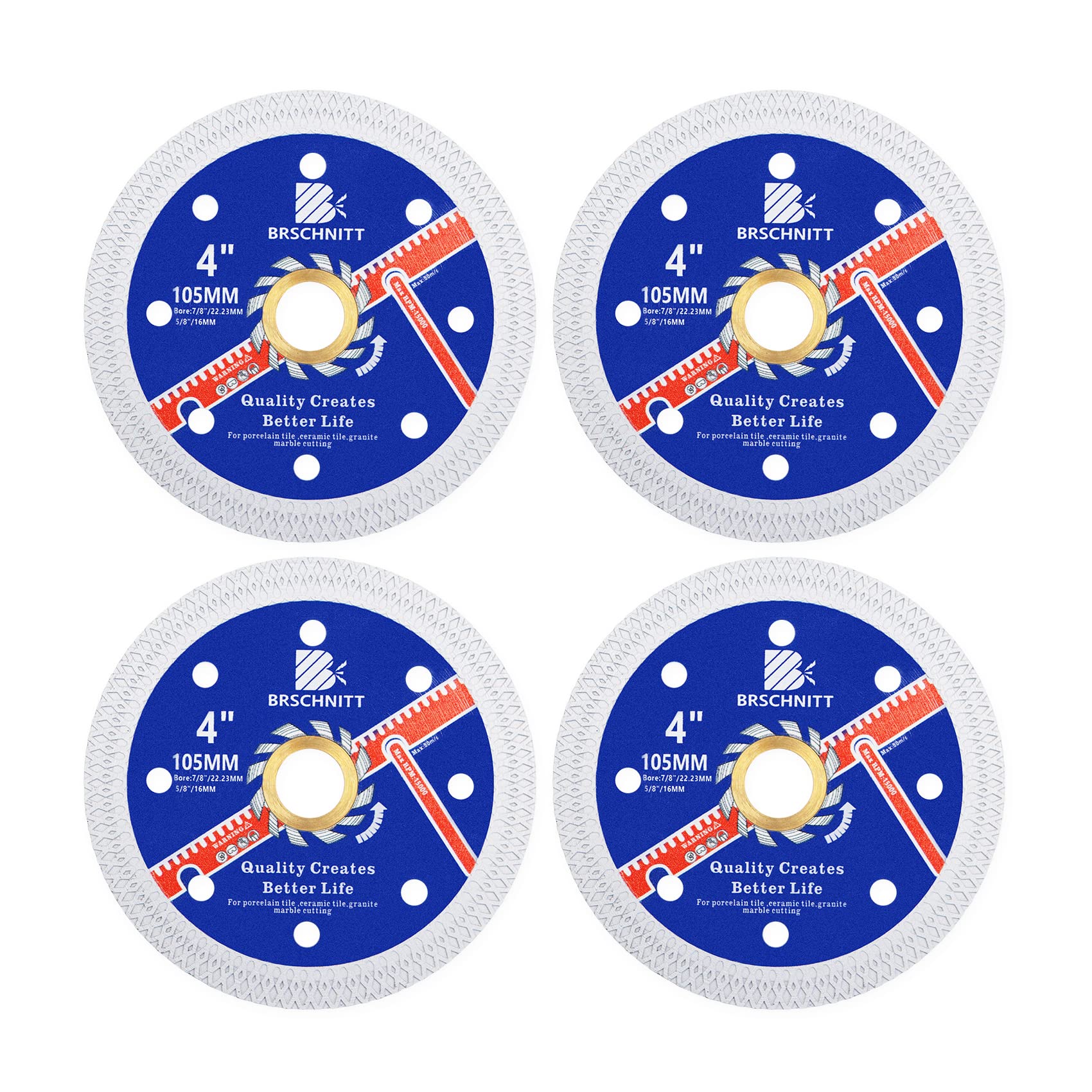 Super Thin Diamond Porcelain Saw Blade with X Teeth,BRSCHNITT 4pcs 105mm x Arbor 22.23mm-16mm Angle Grinder Diamond Cutting Disc for Dry/Wet Cutting Porcelain Tile Ceramic Marble Granite