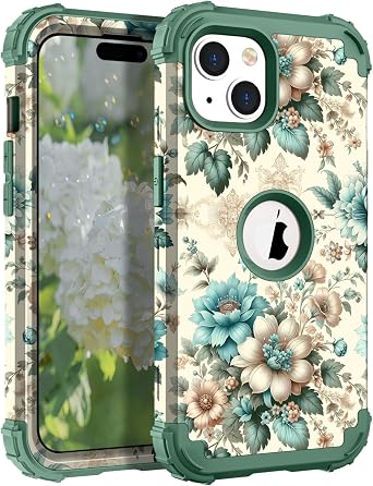 Hocase for iPhone 15 Case, Heavy Duty Shockproof Protection Soft Silicone Rubber Bumper+Hard Plastic Hybrid Protective Case for iPhone 15 6.1" Display 2023 - Teal Blue Flowers