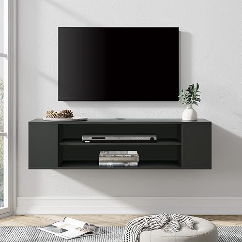 WAMPAT Estante flotante negro para TV, centro de entretenimiento montado en la pared, gabinete flotante para consola multimedia, gabinete de