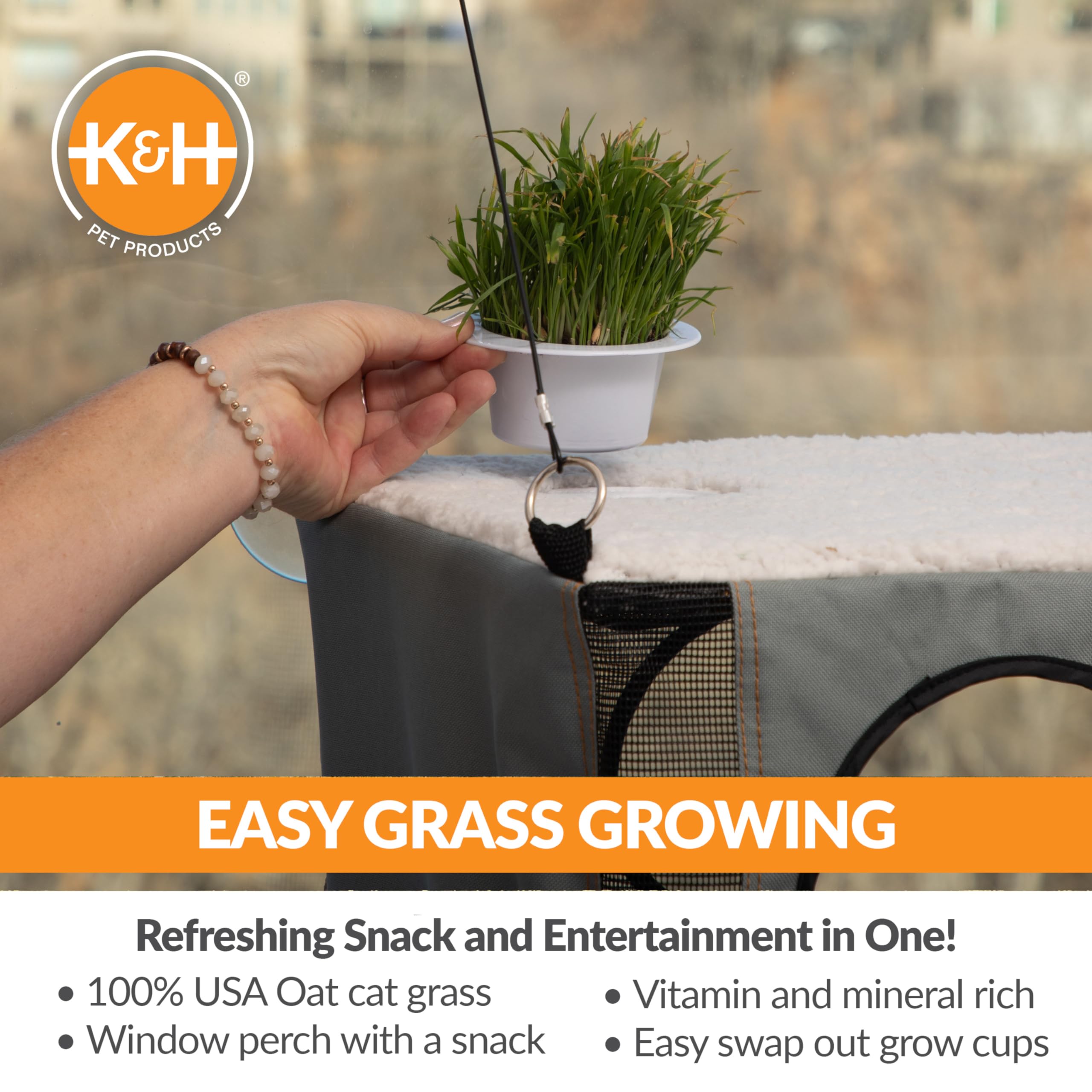 K&H EZ Mount Katzen-Fensterstange Deluxe – Mit Katzengras, Hängematte, Bis 22,7 Kg Halt, Maschinenwaschbar