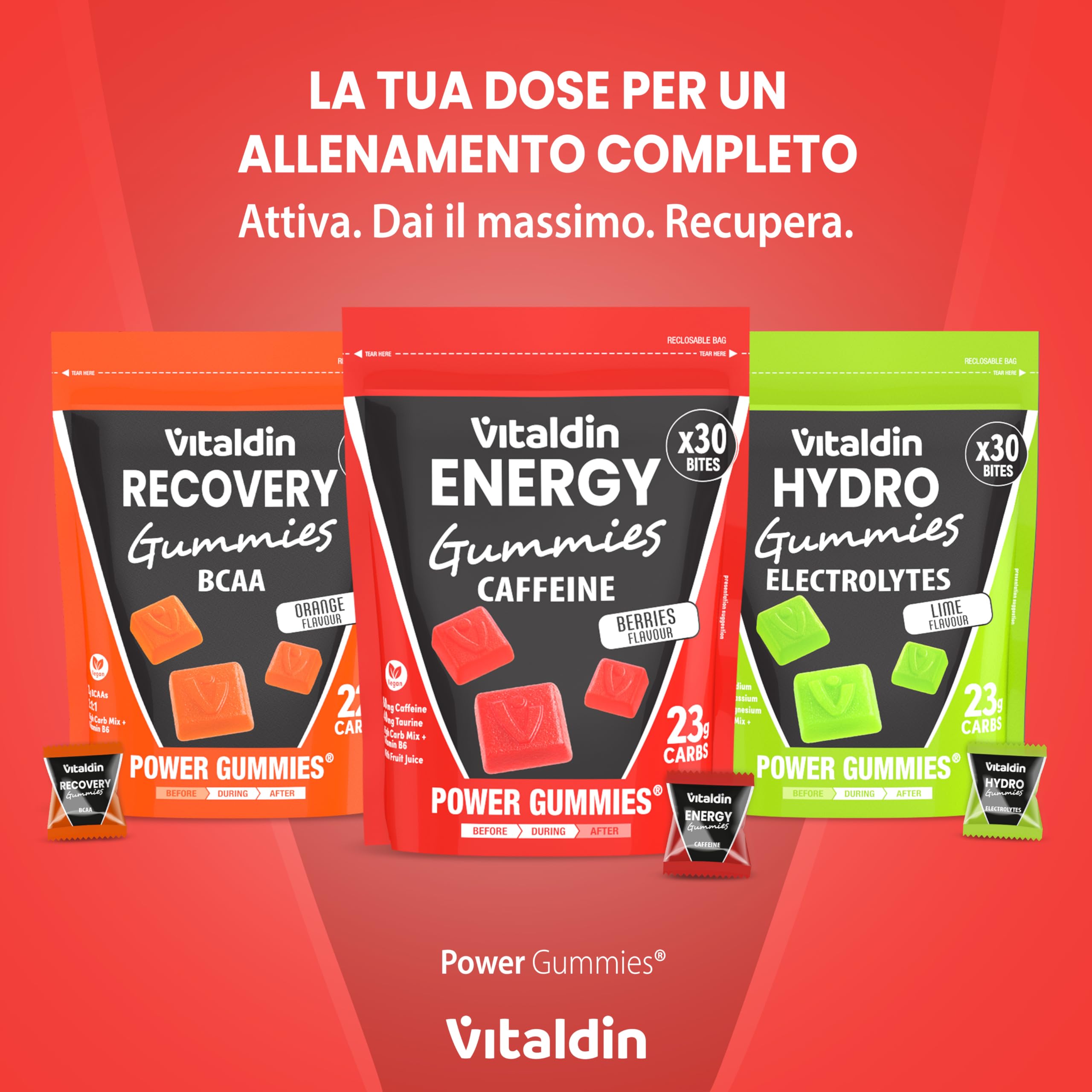 VITALDIN SPORT Power Gummies – 80 mg Caffeina, 40 mg Taurina per dose + Vitamina B6 – 30 Caramelle Gommose – Bites gusto Frutti Rossi – Vegano