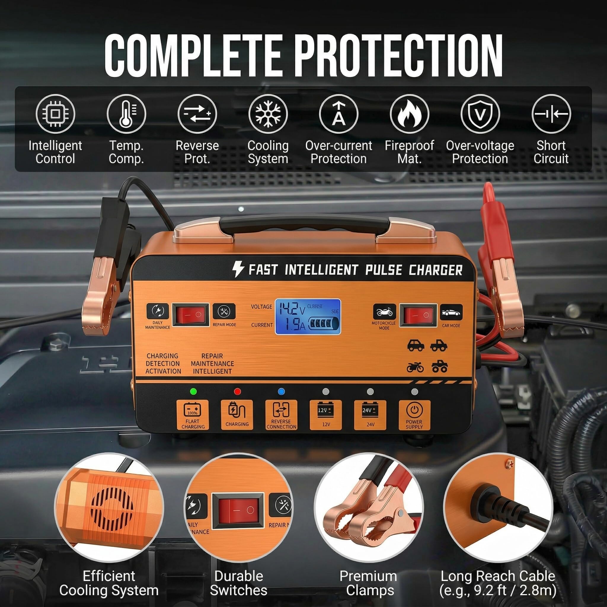 Caricabatteria da 12 V 24 V Puls Intelligente – Caricatore di riparazione automatico con modalità estiva e protezione a 6 livelli, per auto, camion, moto, scooter e barche