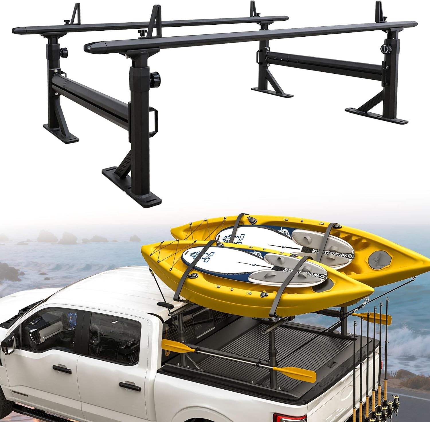 Extendable Aluminum Truck Ladder Rack Fit for Ford F150, RAM, Chevy Silverado, Works with T-Slot Tonneau Covers, 800 lbs Capacity Pickup Bed Rack for Kayak, Surfboard, Ladder Transport