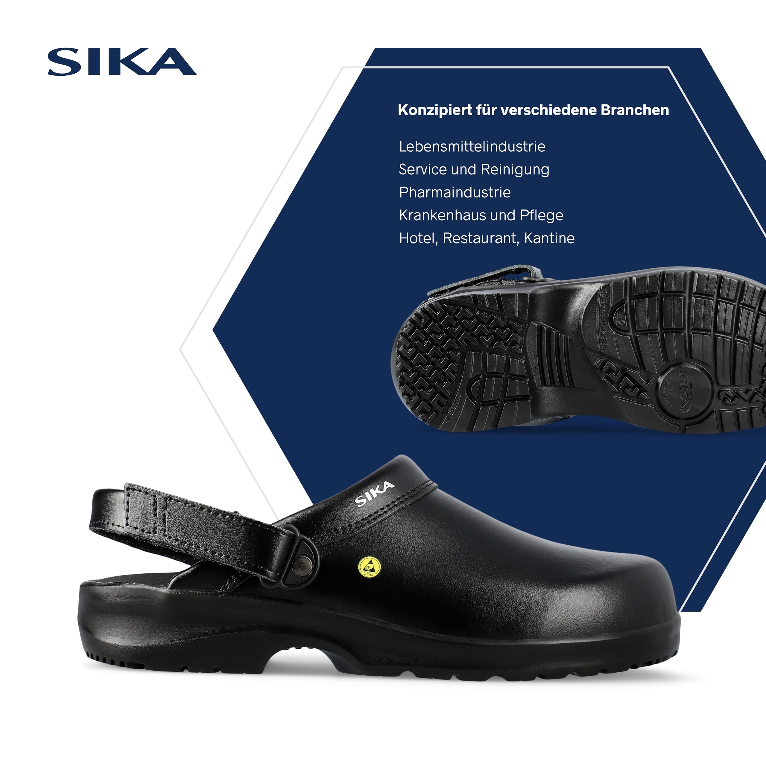 SIKA Unisex-Clogs mit Fersenriemen, rutschfeste Arbeitsschuhe, Permair-Leder, stoßdämpfende Sohle, ESD-geprüft, waschbare Innensohle, professionelle Clogs für die Lebensmittel- & Reinigungsindustrie
