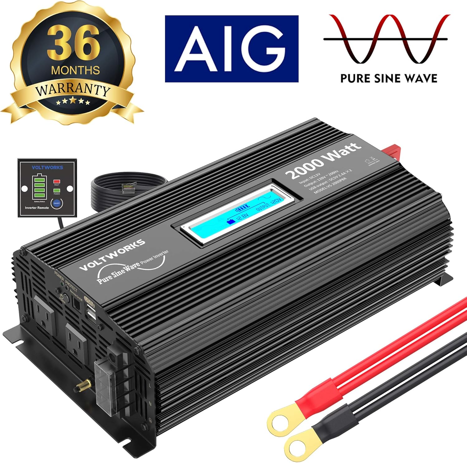 Onе-Dау Sаlе: Uр tо 50% оƒƒ Pure Sine Wave 2000Watt Car Power Inverter Converter DC 12V to 120V AC with 2 AC Outlets 2x2.4A USB Ports 1 AC Terminal Block Remote Control and LCD Display[3 Years Warranty] by VOLTWORKS