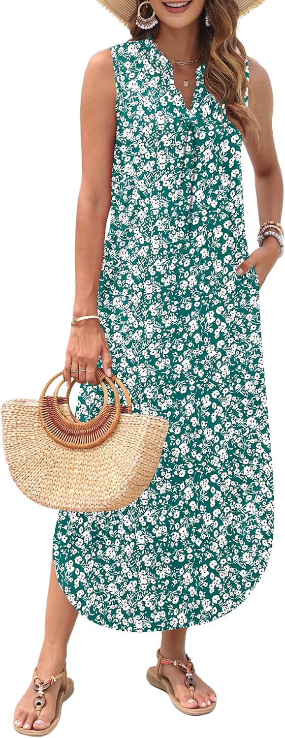 AUSELILY Womens Summer Casual Maxi Dresses 2026 Sleeveless Long Beach Dresses V Neck Loose Sundresses with Side Split Pockets - Image 2