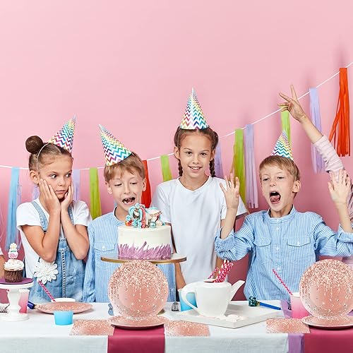 Miniatura 6 de Tevxj Juego de vajilla de cumpleaños de 96 piezas en rosa y oro rosa, vajilla desechable para cena, platos de postre y servilletas, tenedores para