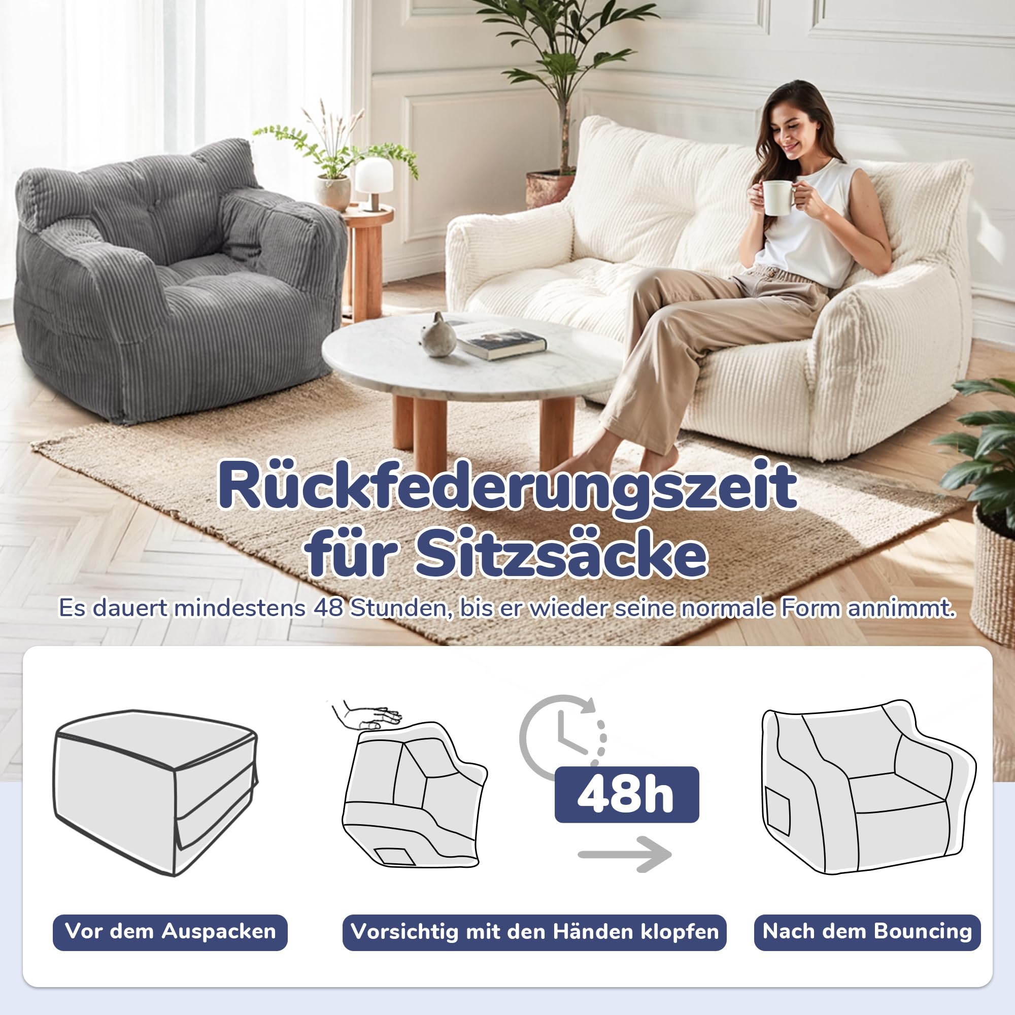 Pamapic Worek do siedzenia, worek do siedzenia dla dorosłych z wypełnieniem, Bean Bag Chair z przenośnym uchwytem, nowoczesny, ergonomiczny worek do siedzenia, do salonu, sypialni, pokoju zabaw, szary