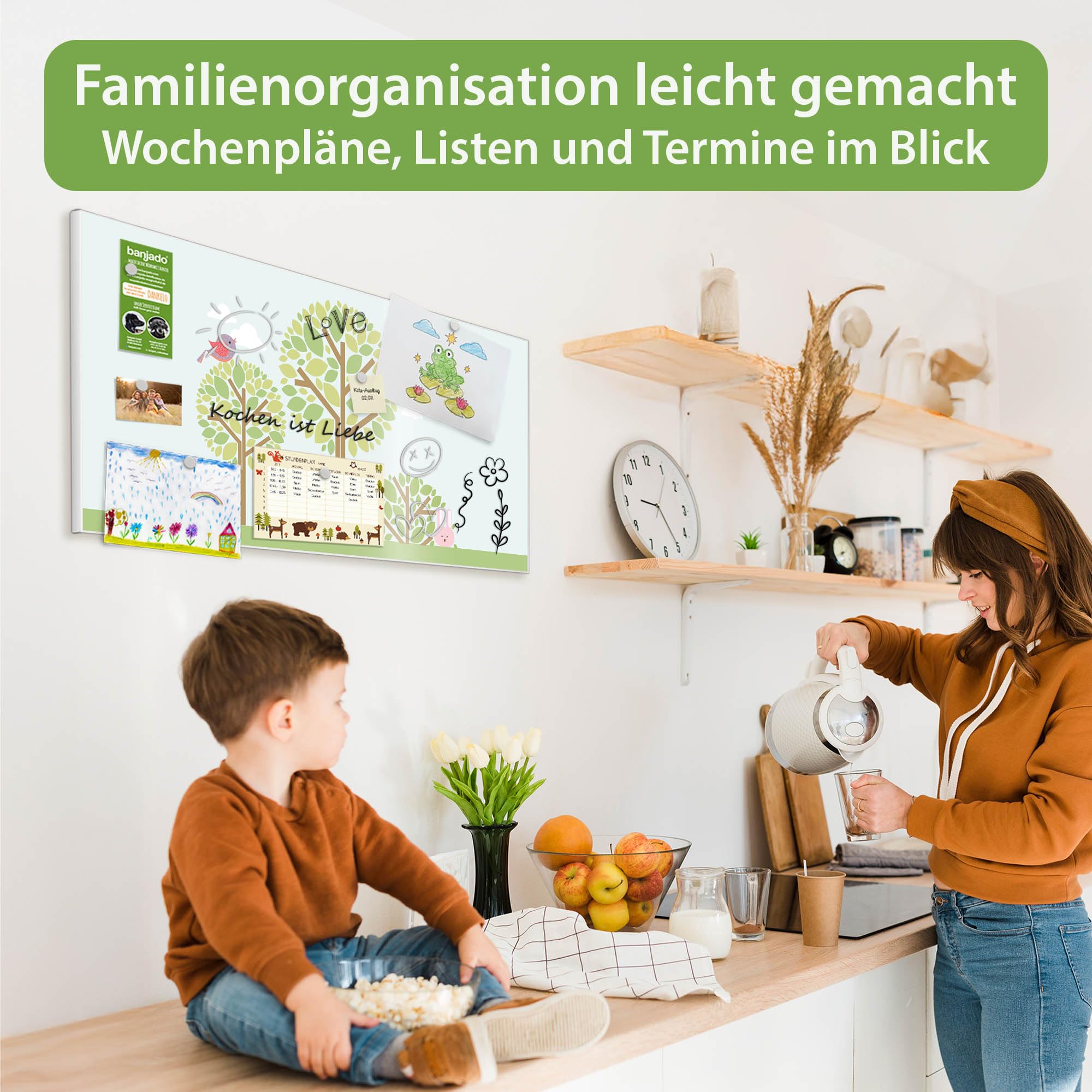banjado Magnettafel Metall 78 x 37cm - beschreibbare Magnettafel - Metall Pinnwand als Memoboard - Magnetwand Küche, Büro, Kinderzimmer Weiß inkl. 4 Magnete & Montageset - Motiv Drei Bäume