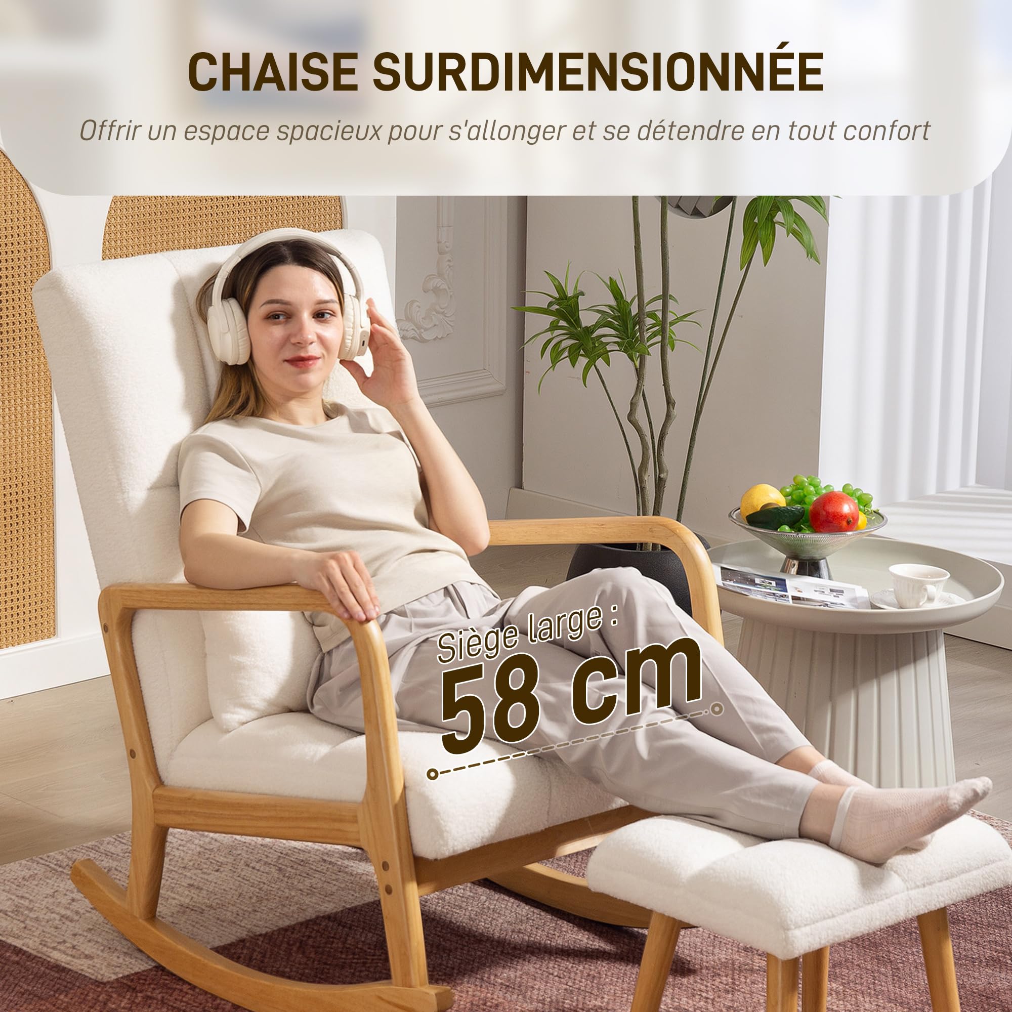 HOMCOM Fauteuil à Bascule avec Repose-Pieds, Rocking Chair en Tissu Bouclette, Assise Large, Pieds en Bois, Coussin Inclus, Chaise à Bascule pour Salon, Chambre, Balcon, Blanc