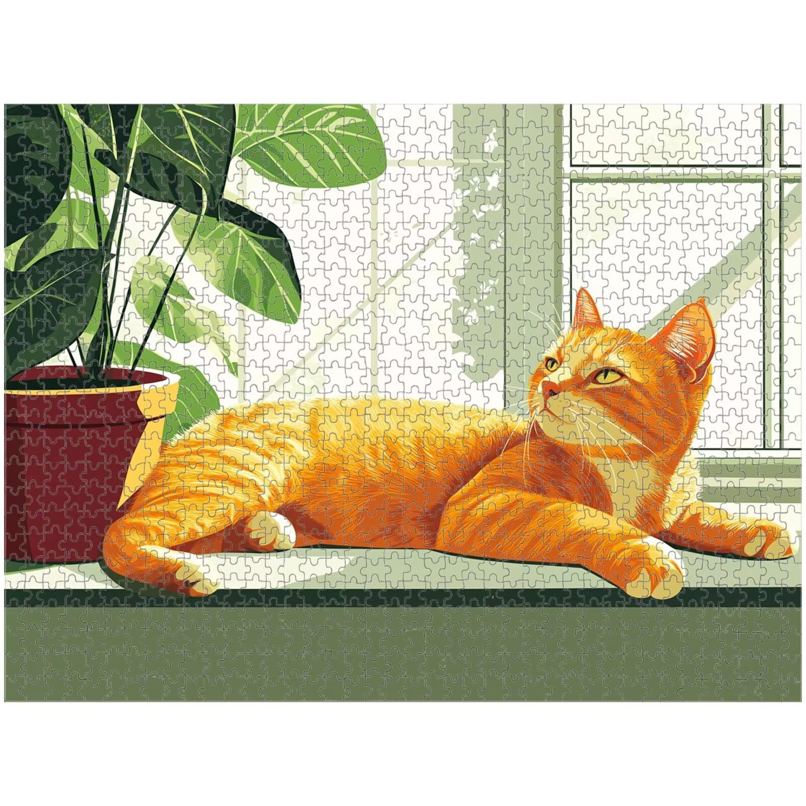 1000 elementów, puzzle dla dorosłych, kot i roślina, drewniane puzzle 1T#1197 | Drewniana konstrukcja, precyzyjne cięcie, jasne kolory, statyczne hobby, relaks, dekoracja domu, prezent, 50 x 75 cm