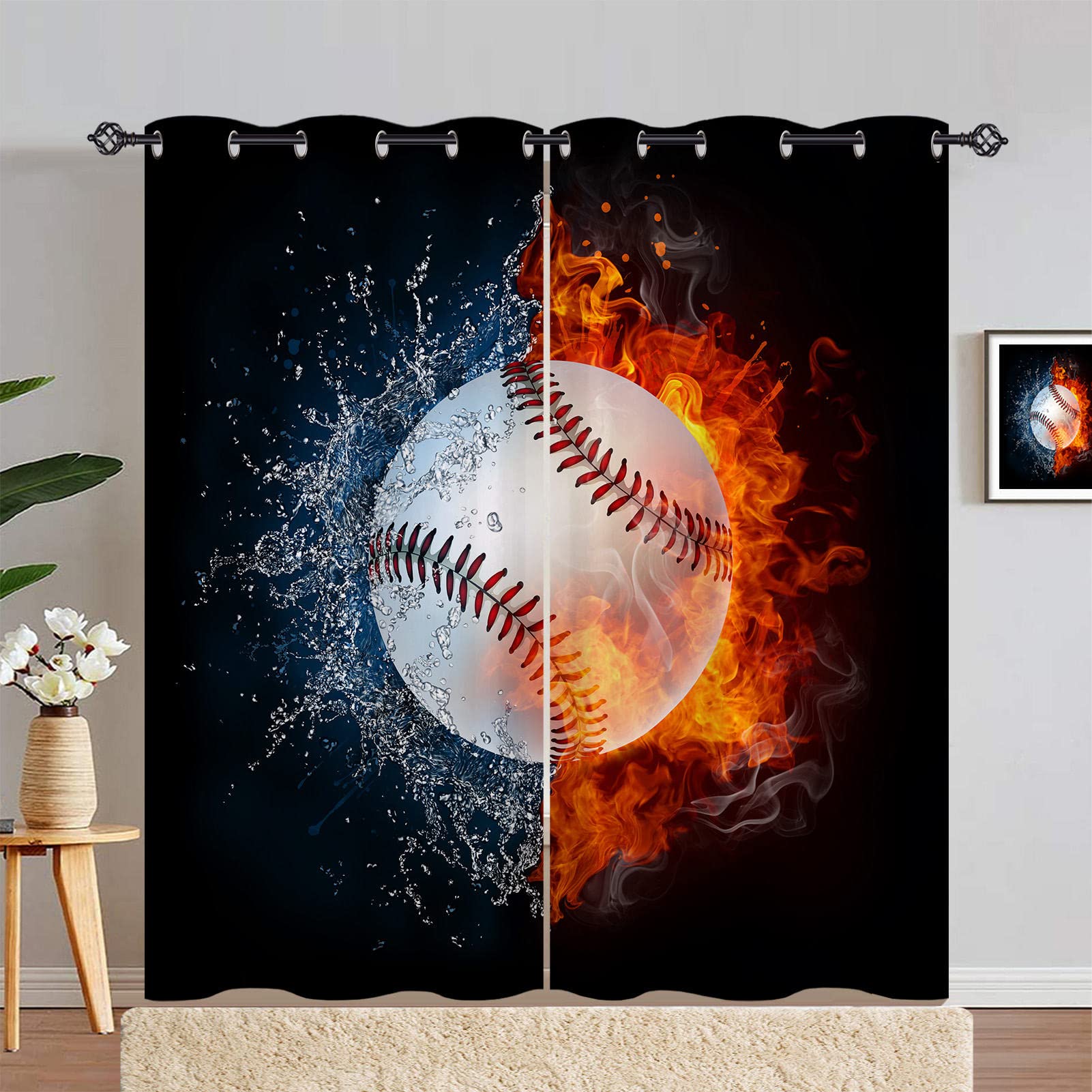 ANHOPE Baseball Curtains Eyelet 80% Blackout Room Darkening Curtains with Sports Water Fire Ball Print Pattern Light Blocking Window Drapes for Kids Boys Bedroom Living Room 46 x 72 Inch Drop 2 Panels โ image 1