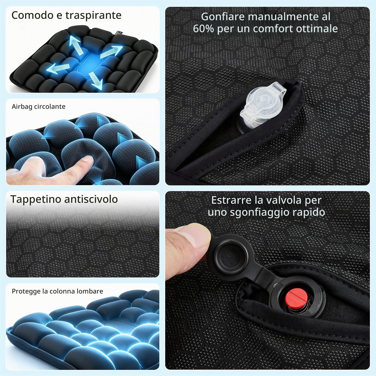 Cuscino Antidecubito 45x40CM, Cuscino Ortopedico Ergonomico Gonfiabile, Cuscino Ergonomico con Cellule d'Aria 3D, Cuscino Gonfiabile per Auto, Ufficio, Casa, Sedia Nero