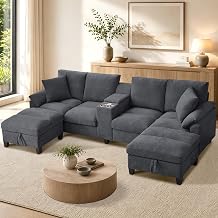 116'' U-Shaped Sectional Couches for Living Room, 4 Seat Sofa with 2 Storage Ottomans, Convertible Couch Sofa with Chaise, Cup Holders&USB Port, Grey