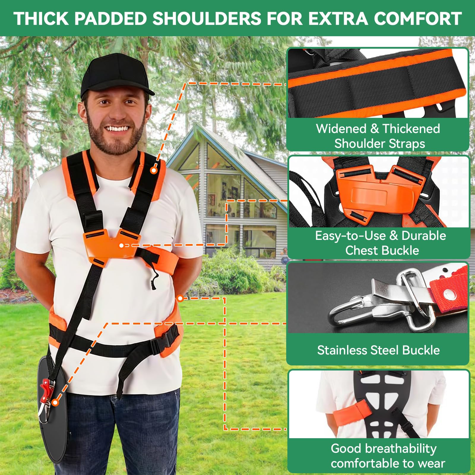 Harnais Double pour Débroussailleuse, Lanière de Support Réglable Universelle pour Coupe-bordures Taille-bordures, Bretelles Rembourrées en Nylon pour Travaux de Jardinage (Orange)