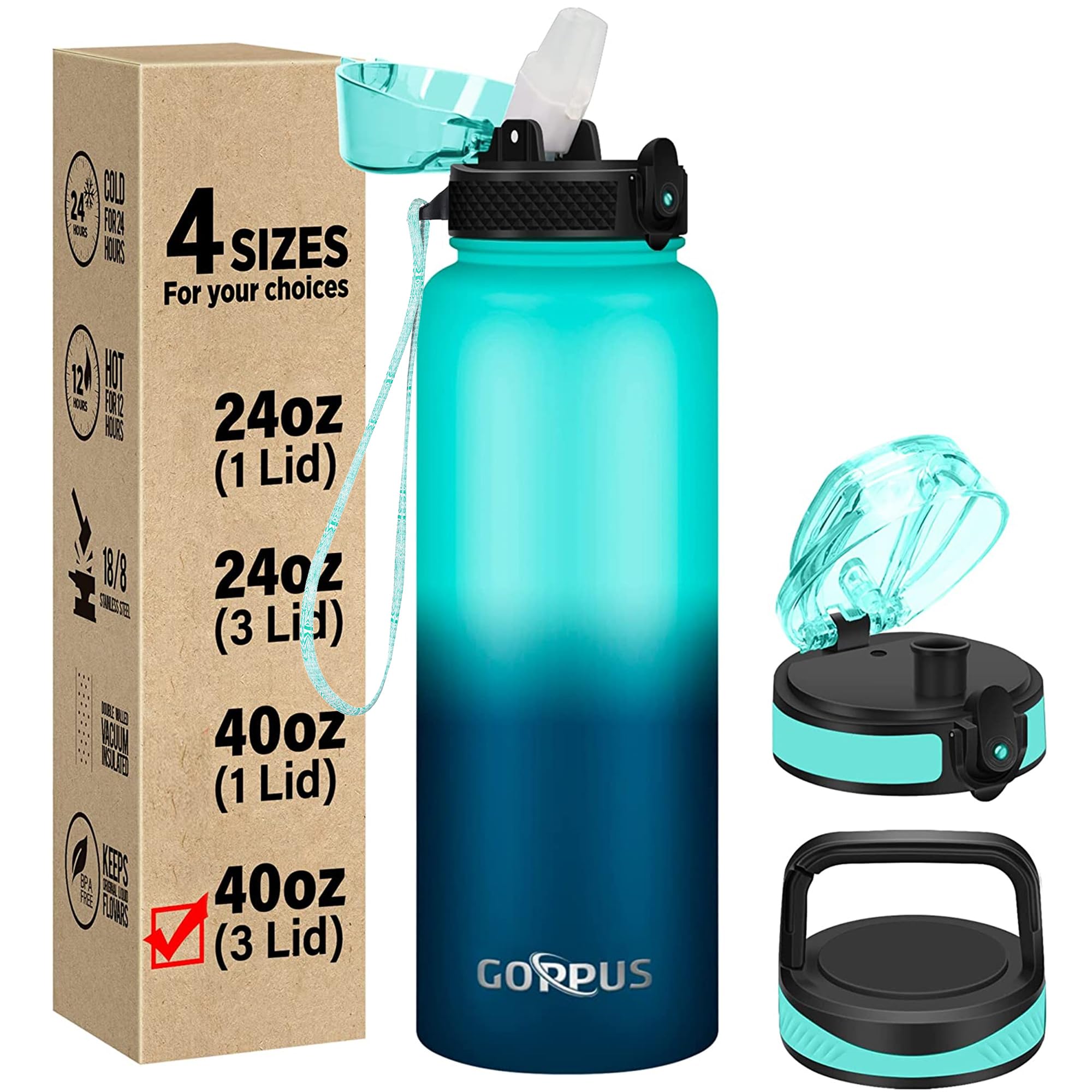 GOPPUS1.2L/40oz Stainless Water Bottle with Straw Double Wall Insulated Bottles with Strap Large Vacuum Thermal Flask Leakproof Keep Cold Drinks Bottles with Flip Top Lid for Men Women BPA Free