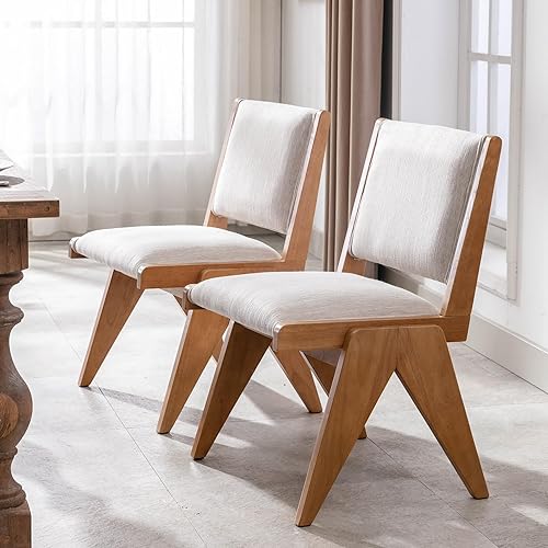 Miniatura 6 de BESTANO Juego de 2 sillas de comedor tapizadas de lino con patas de madera, modernas sillas de comedor acolchadas de mediados de siglo para cocina