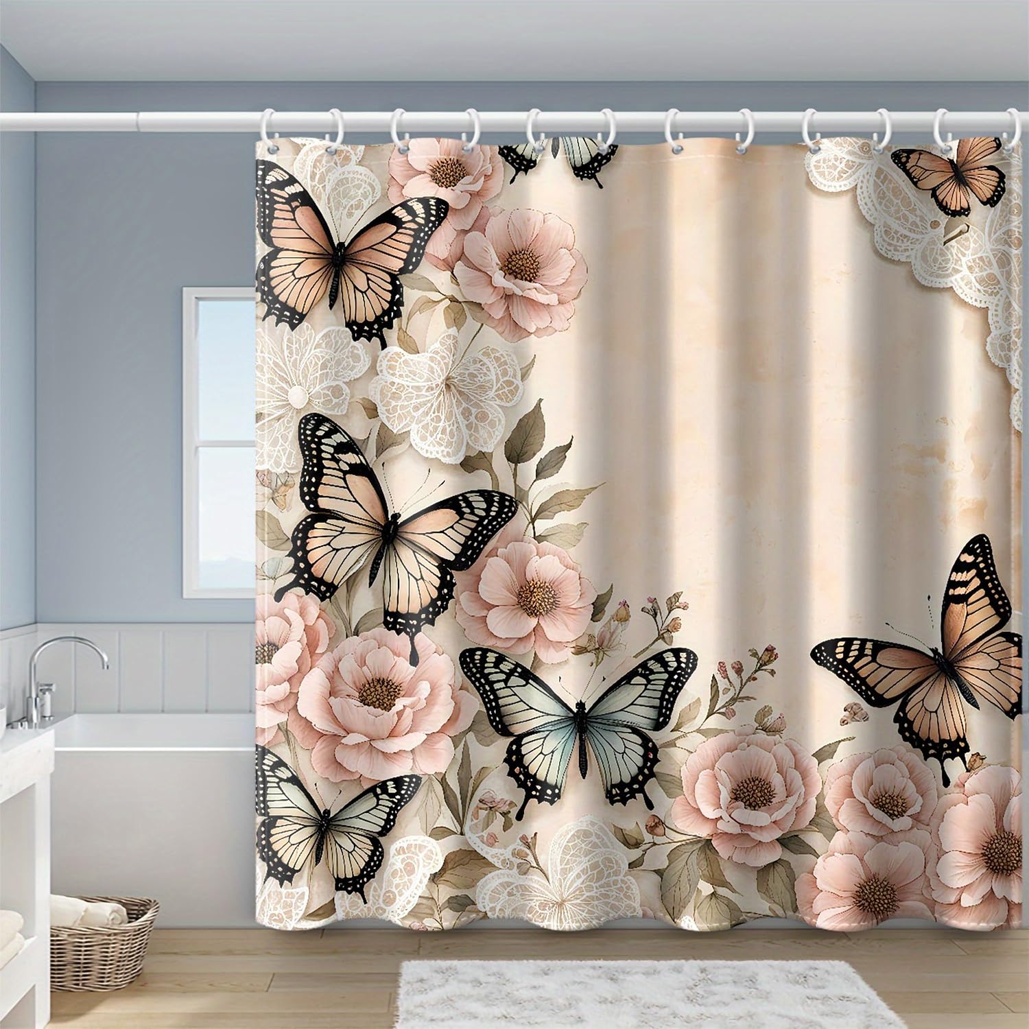 GLKSDLPO Elegant Pink Butterfly Bath Curtain Modern Floral Spring Bathroom Decor Extra Long Fabric Shower Curtain for Bathtub(180x180cm/71x7in(WxH))