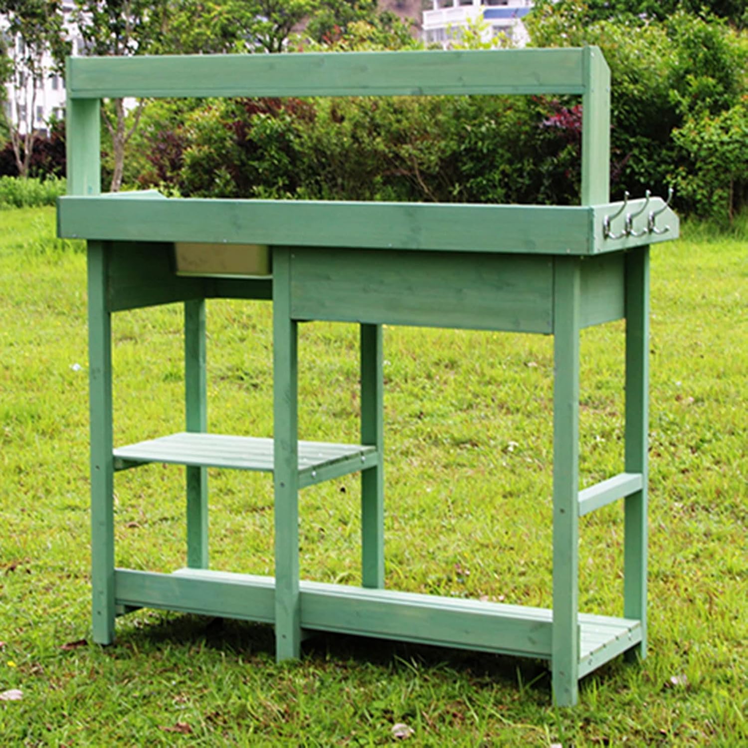 Garden Potting Bench Table, Wood Outdoor Workstation with Storage Cabinet and Planting Sink, Side Hooks and Bottom Shelf for Garden Supplies