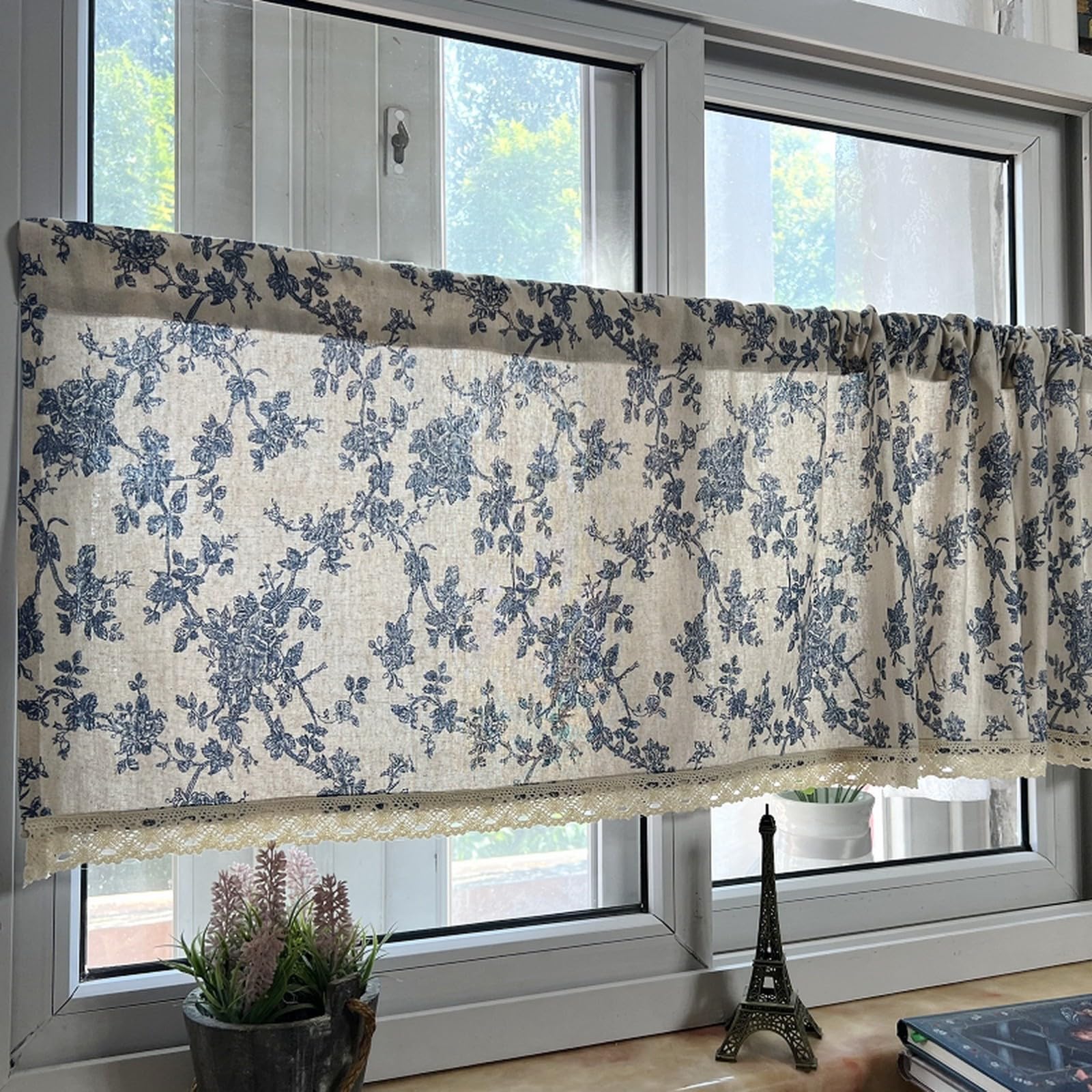 A.Monamour Gardine Scheibengardinen Kurzstores Bauernhaus Baumwolle Leinen Blau Geblümt Semi Verdunkelung Kurzvorhang Kurzgardinen Küchengardine Küche Vorhang Fenster Kurz Stores Bistrogardine
