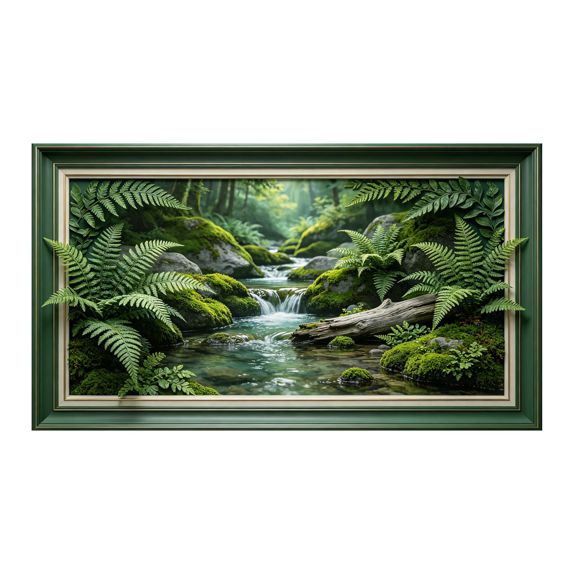 Murasolite 3D Framed Wall Art Green Forest Stream Landscape Waterfall Natural Botanical SelfAdhesive Fabric Mural Wall Decor,No Damage to Wall,AntiFall Safe Design for Bedroom Living Room