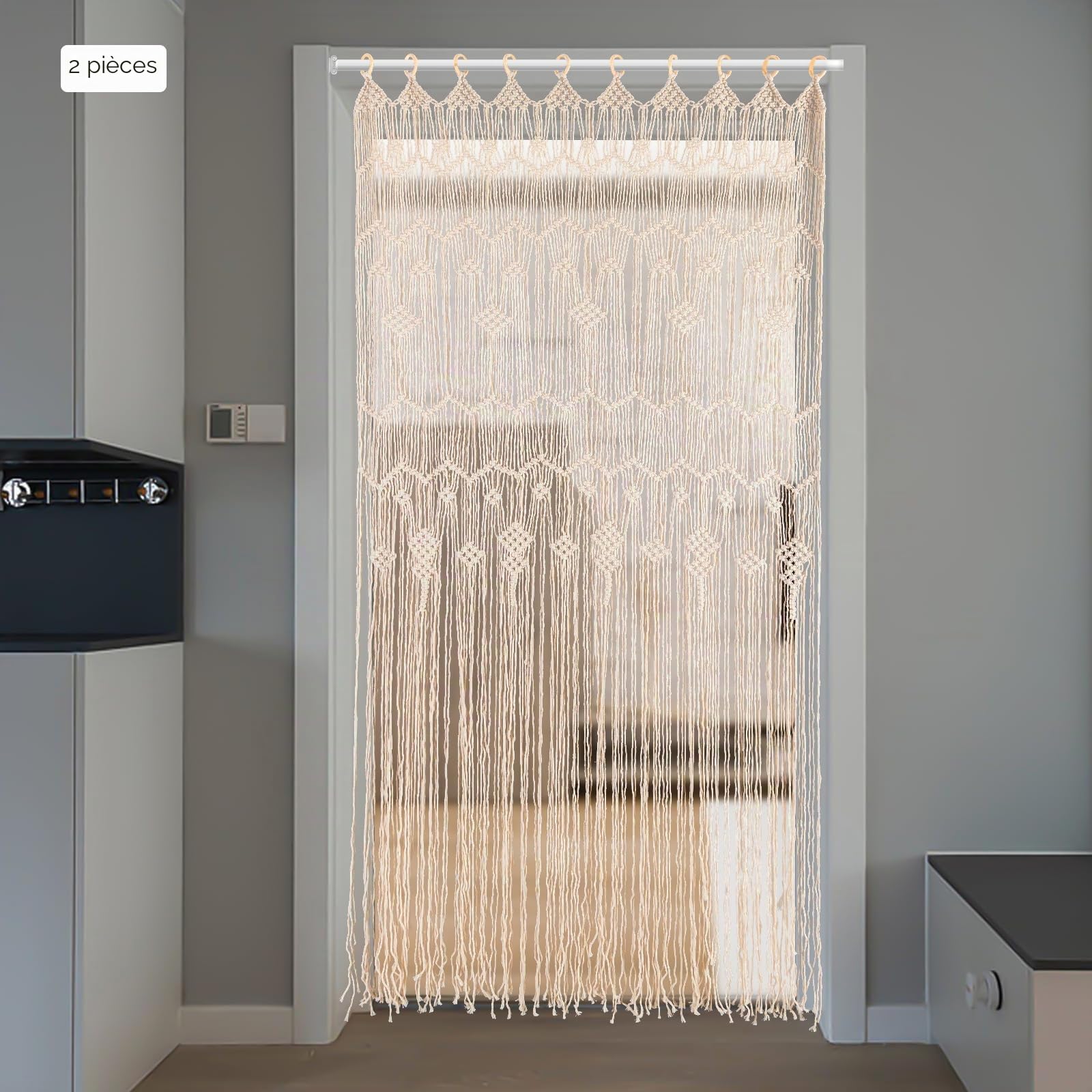Lot de 2 rideaux en macramé - Style bohème - Fait à la main - Pour mariage, fenêtre et séparateur de pièce - Décoration murale pour la maison et le bureau - 100 x 200 cm