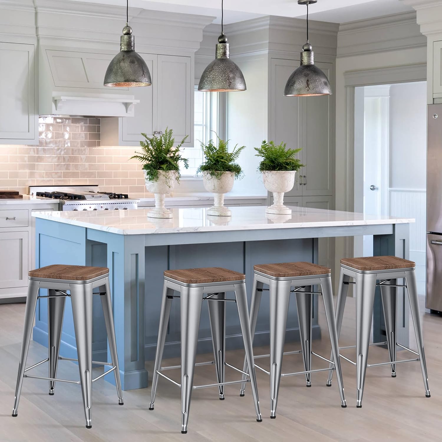 Yongchuang 24" Metal Counter Height Bar Stools Set of 4 Stackable Backless Barstools with Wood Top Gunmetal