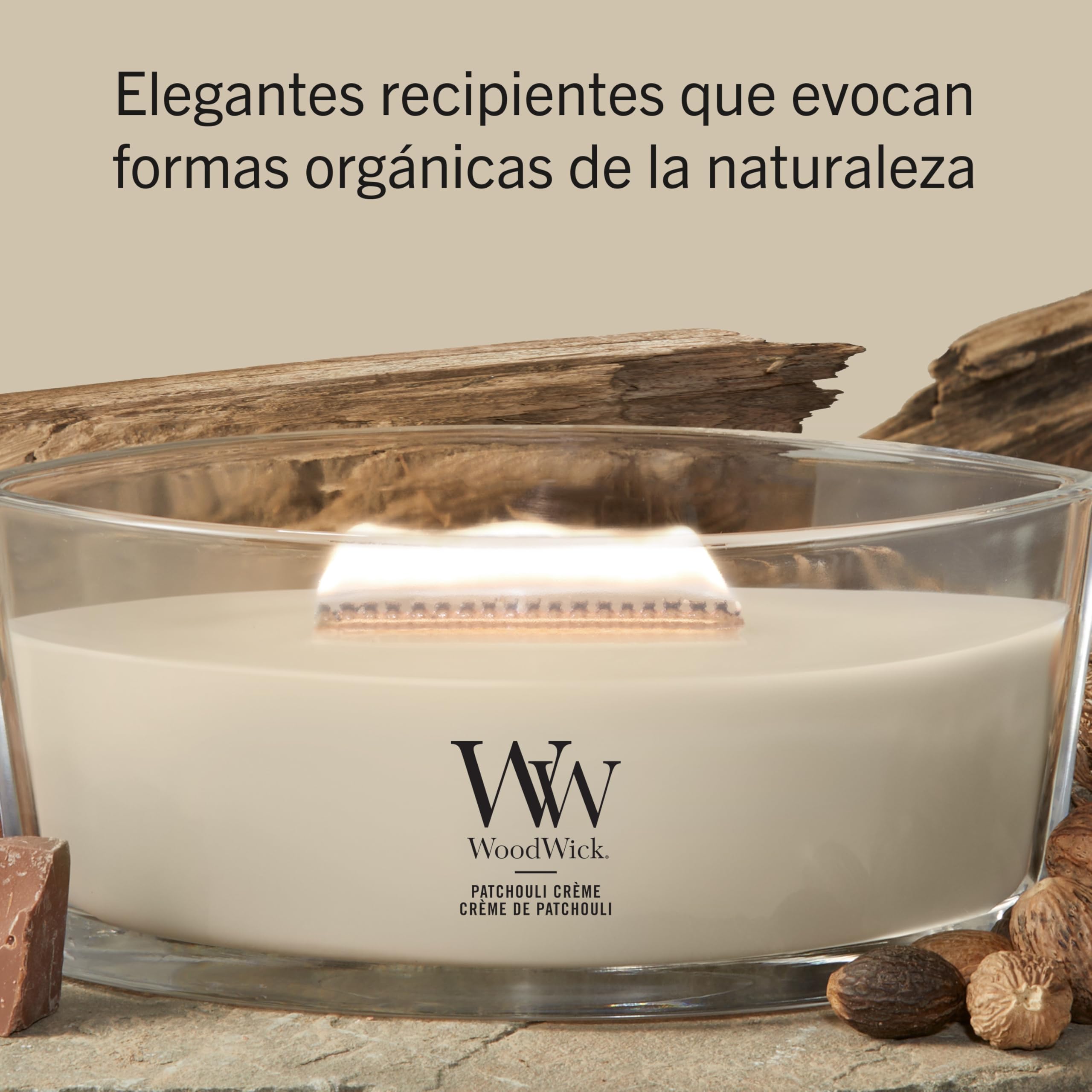 Woodwick Ellipse Vela perfumada con mecha crepitante | Patchouli Crème | Hasta 50 horas de duración | Regalos para mujeres