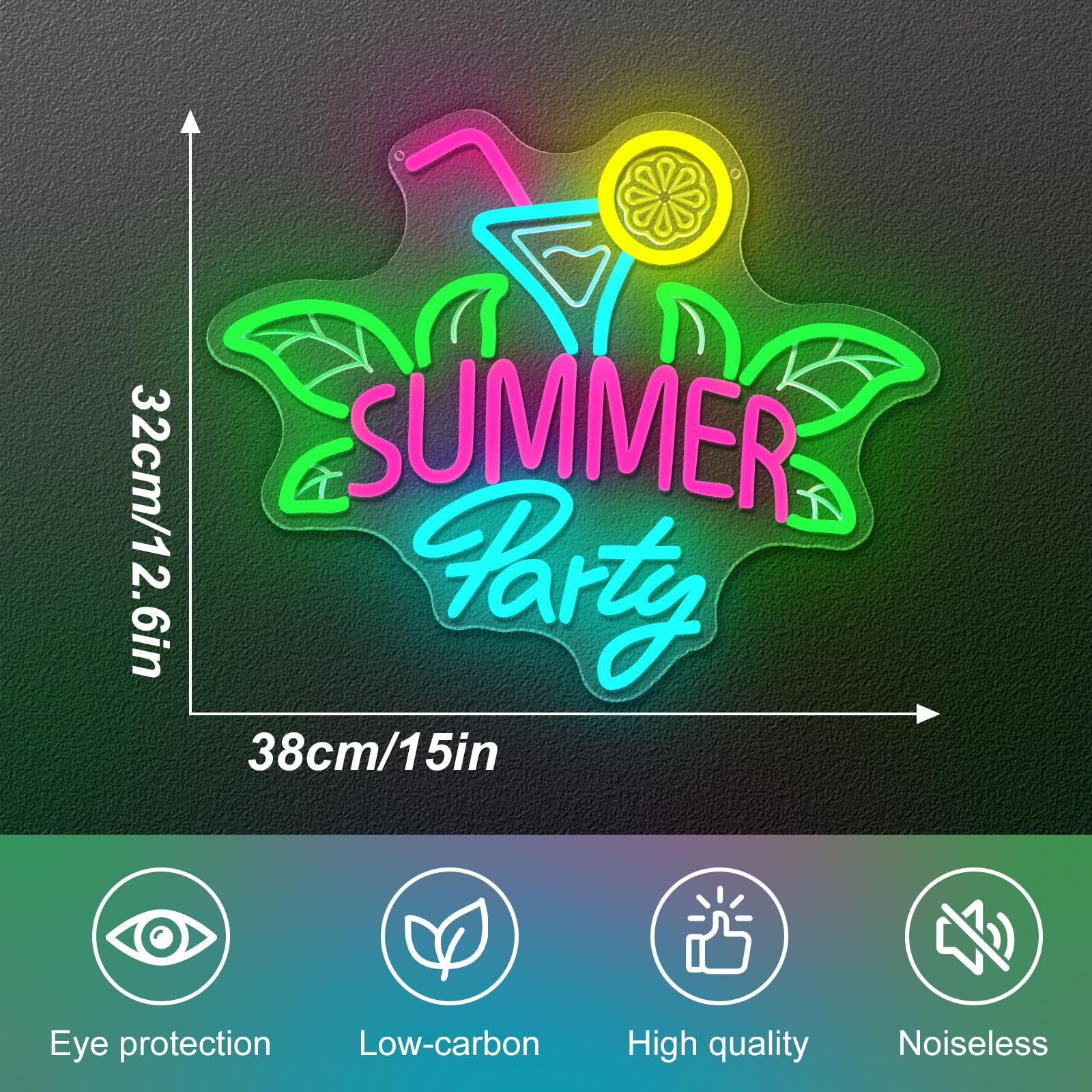 Sommerparty Neon Schild für Wanddeko, Martiniglas mit Strohhalm, Zitronenscheibe und Tropische Blätter LED Leuchtreklame für Cocktailbars,Poolpartys, Sommerfeste, Strandurlaube(Sommerparty)
