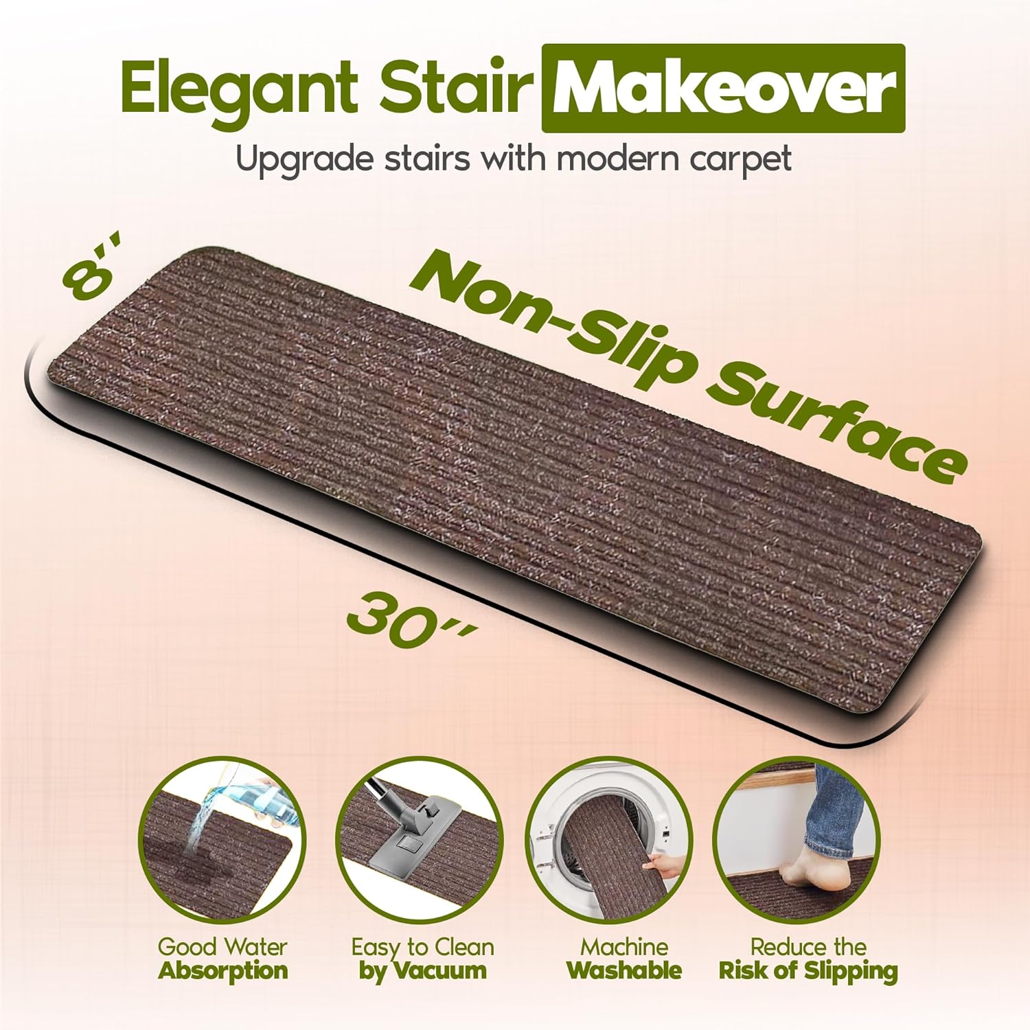 stair treads non-slip 8x30 inch (15 pack) indoor stair runner with reusable self-adhesive backing skid resistant stair carpet to protect kids, elders, and pets - coffee brown