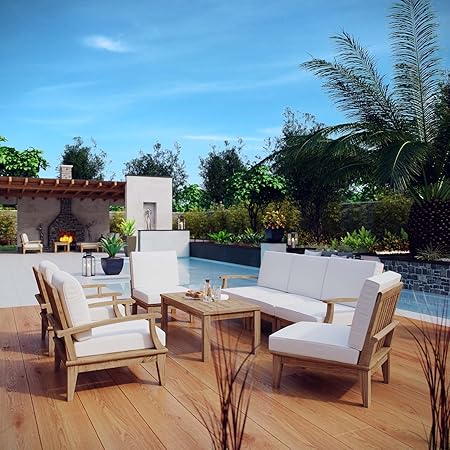 Modway Marina Premium Grade A Teak Wood 8-Piece Outdoor Patio Furniture Set in Natural White