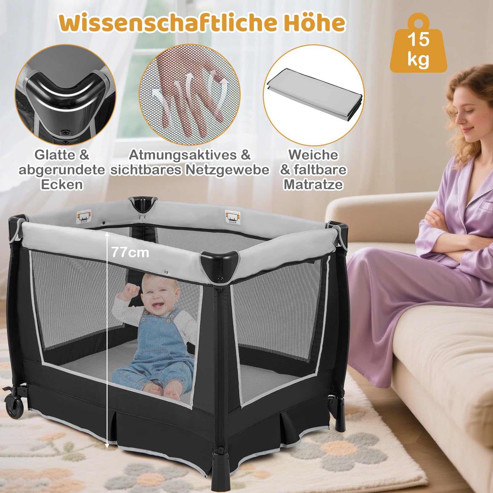 COSTWAY 6 in 1 Reisebett mit Matratze, mobile Babywiege mit verstellbarem Vordach, Babybett Beistellbett klappbar mit Wickelauflage, Spieluhr & Tragetasche für Baby bis 3 Jahre, 15 kg Belastbar (Grau)