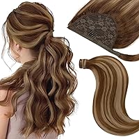 Vista 15 de Extensión de cola de caballo de cabello humano marrón oscuro, extensiones de cola de caballo larga sedosa recta #2A color marrón claro, 22 pulgadas