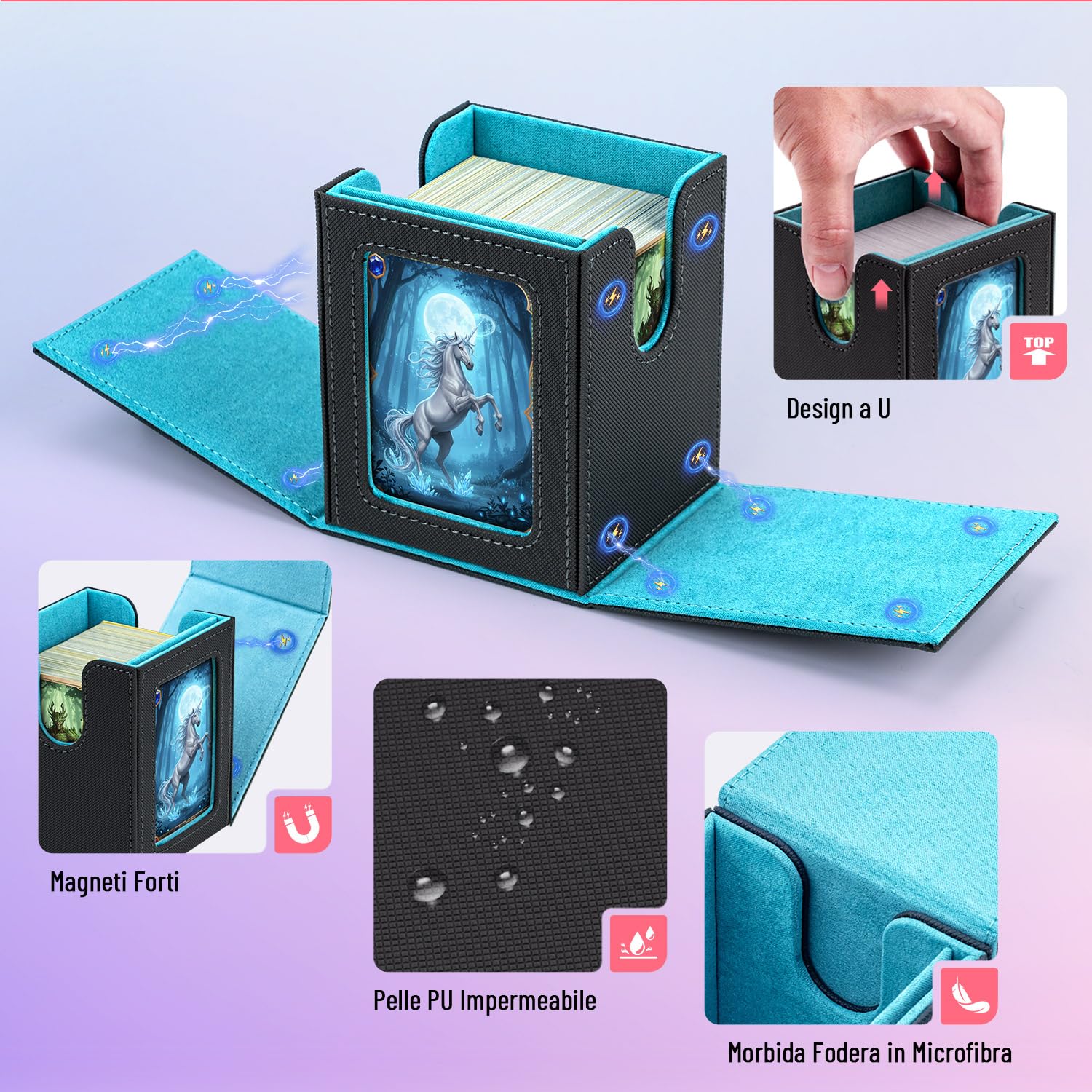 Box Porta Mazzo mit Display per Carte MTG Capacità di 100+ Carte/30+ Carta Toploader,Magnetic Flip Deck Box per le Carte di Magic Commander TCG (Verticale-Blu Chiaro)