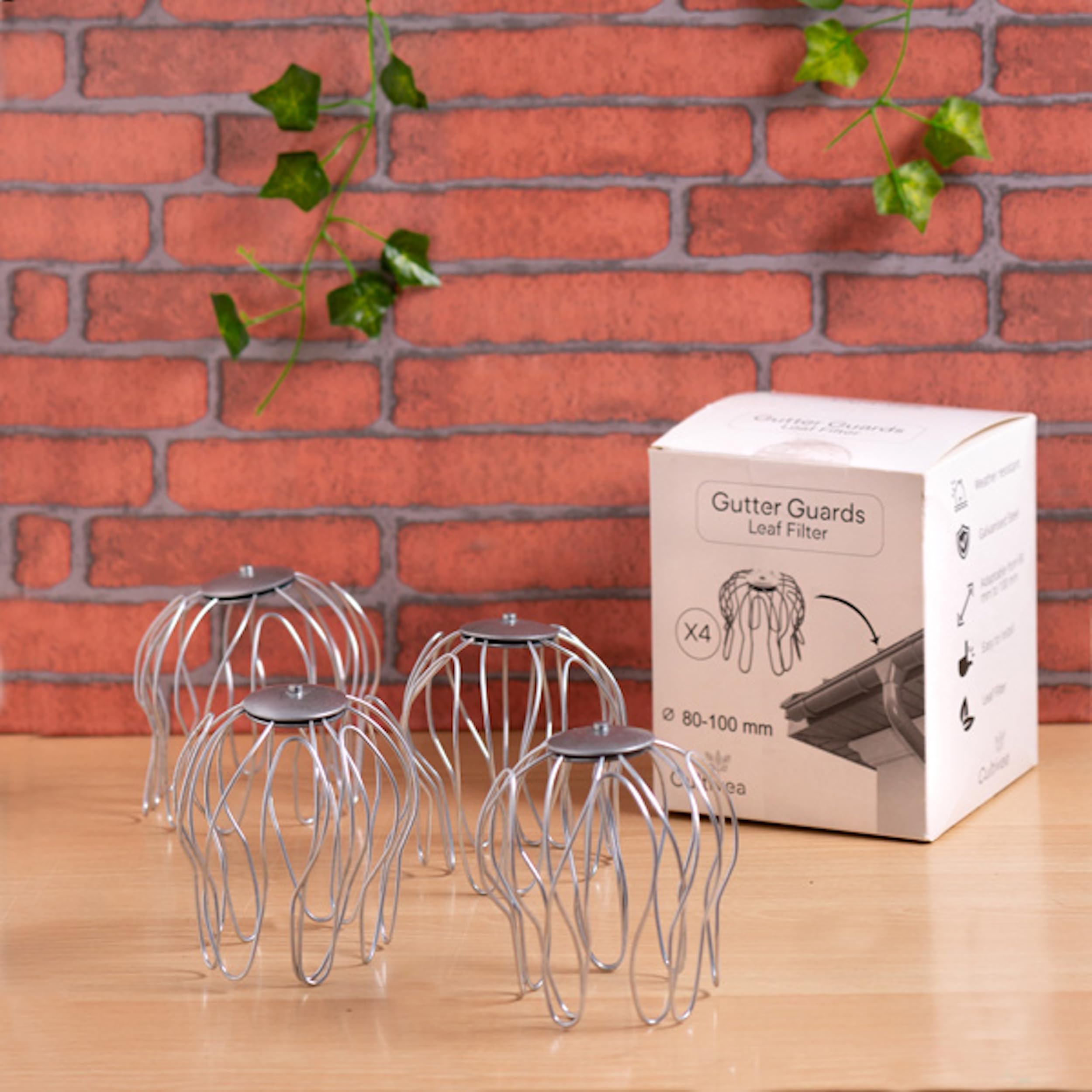 CULTIVEA® Rejilla Protector Canalones (80-100mm Ø) – Lote de 4 – Acero Galvanizado Antióxido – Filtro para Hojas y Suciedad – Protección Canalones y Bajantes – Fácil Instalación