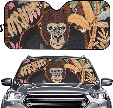 Funny Floral Gorilla Sun Shade for Car Windshield Sunshade Easy to Use Foldable Automotive Front Sun Shade for SUV Sedan Van Truck Keep Your Vehicle Cool Car Interior