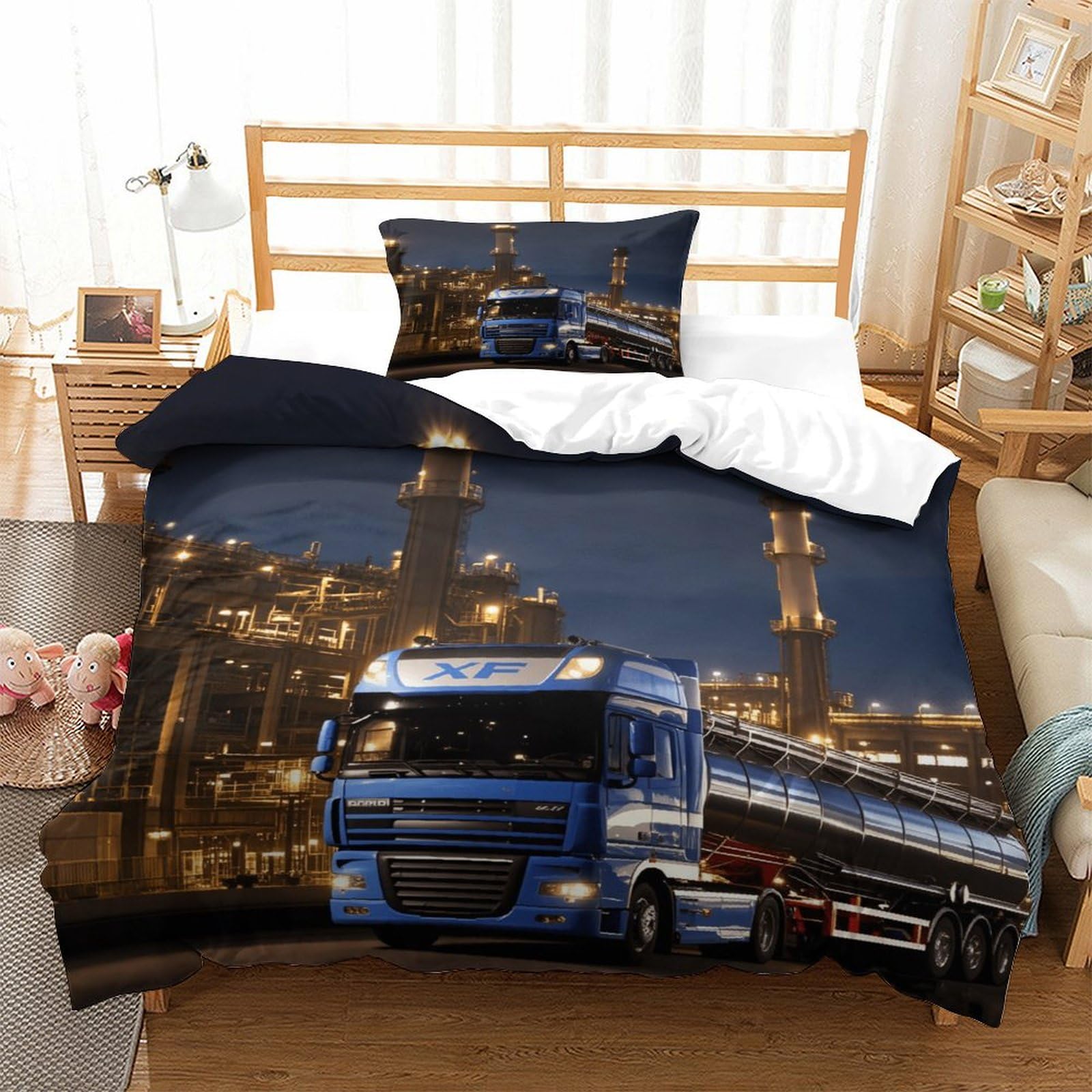 XiaopangXY Lorry Duvet Cover Set Soft Microfiber Bedding Set Breathable Truck Quilt Cover with Hidden Zipper Closure,3D Printed Comforter Cover Single（135x200cm）