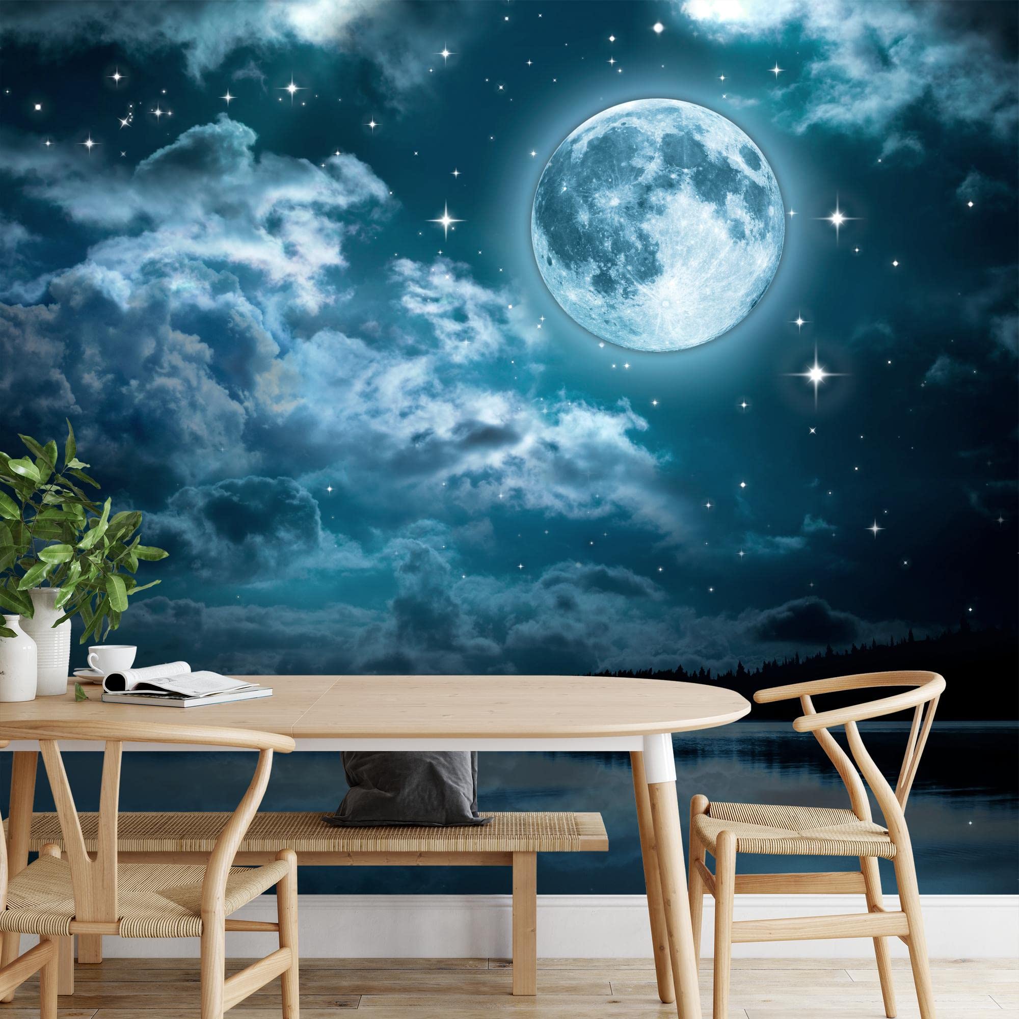 Runa Art Carta da parati fotografica 396 x 280 cm Luna piena Notte | Vello Decorazione Murale Soggiorno Camera Da Letto | Manifattura tedesca | turchese 9116012b