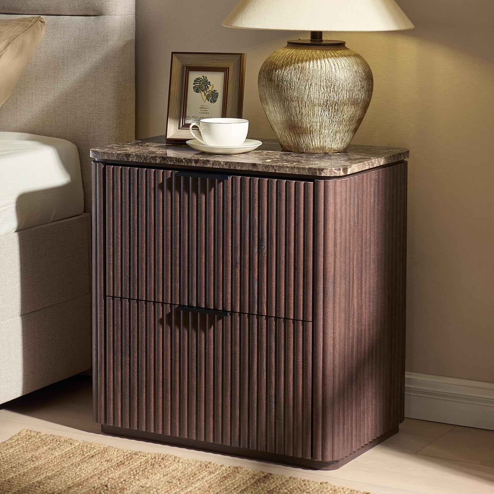 Fluted Nightstand with 2 Drawers, Bedside Table with Faux Marble-Top, Engineered Wood End Table with Curved Corners, Metal Handle, Modern Night Stand