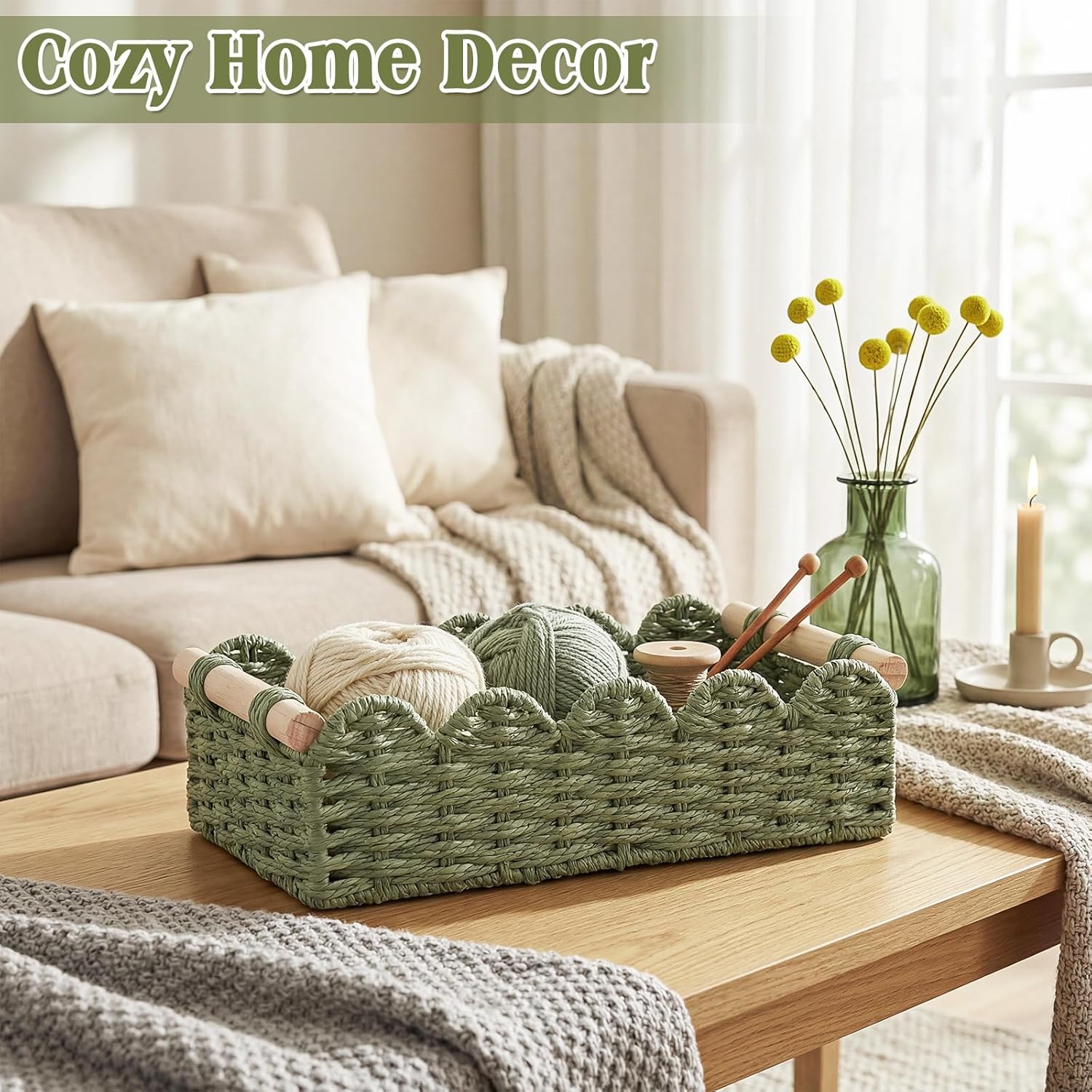 3 Pcs Scalloped Toilet Paper Basket Paper Rope Woven Basket for Organize with Handle Decorative Storage Bins for Bathroom Toilet Tank Top(Sage Green)