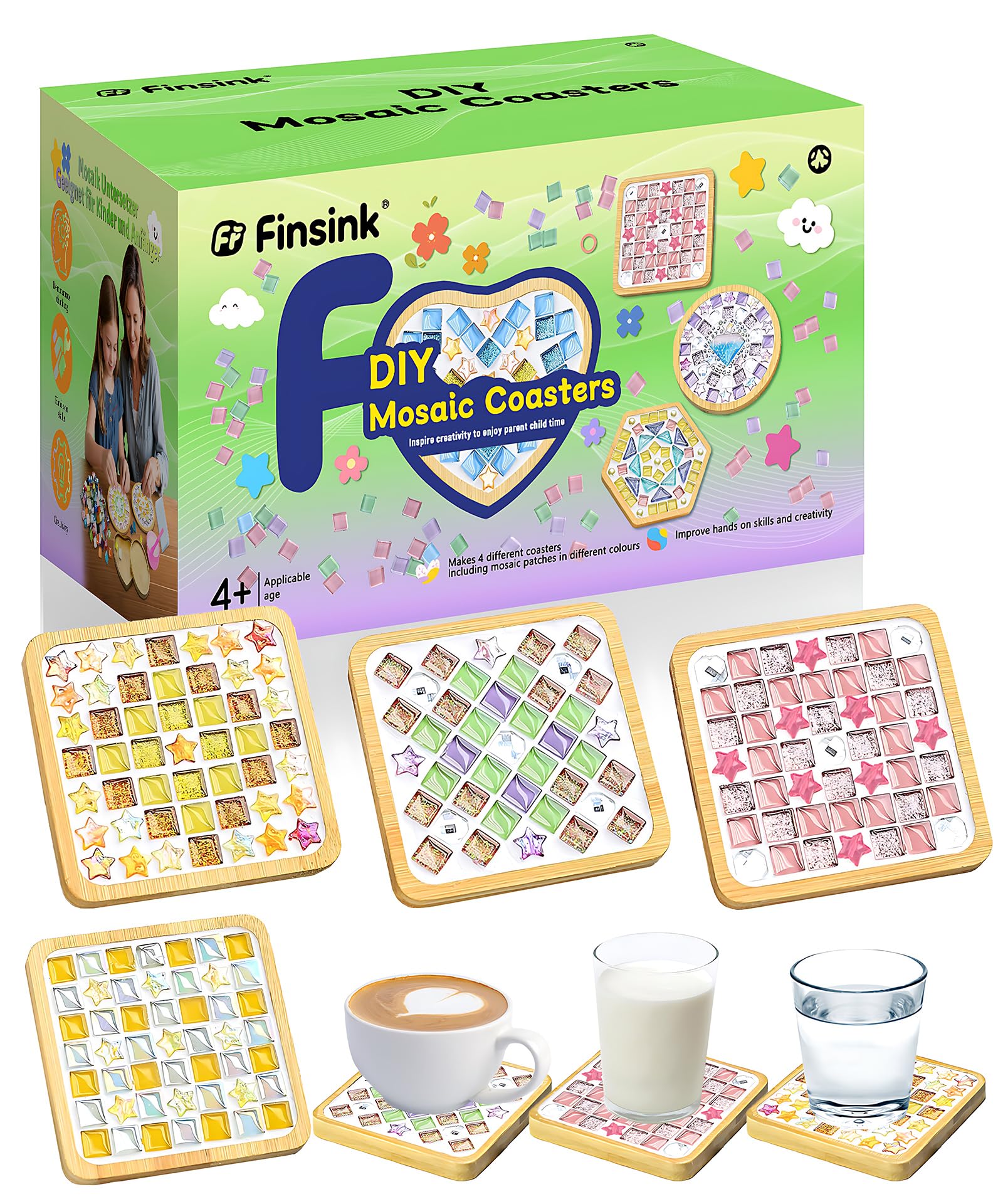 Finsink Set di 4 sottobicchieri a mosaico per bambini, set fai da te,di sottobicchieri in legno, set di pietre a mosaico per il fai da te, regalo di compleanno per bambini adulti