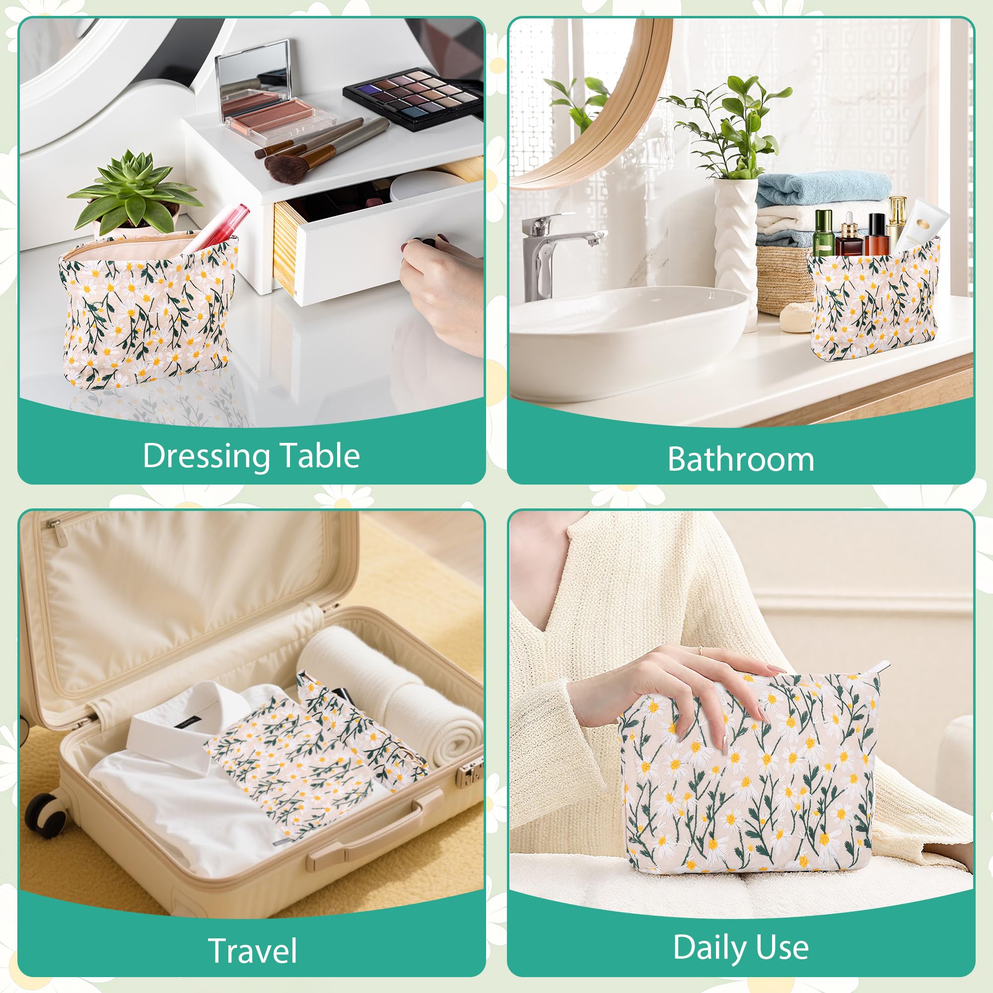 Zocipro 2Pcs Cosmetic Bag Set, Daisy Patterns Floral Makeup Bag with Zip - Image 3