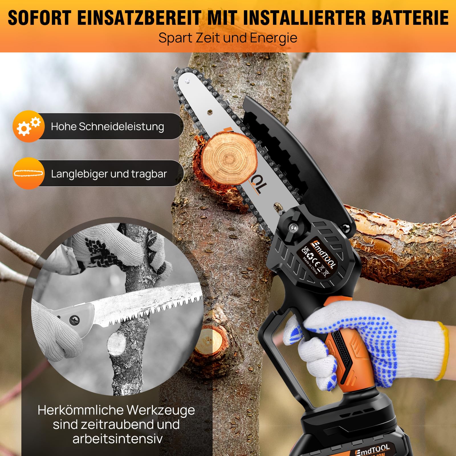 21V Akku Kettensäge mit Akkus, 2 Kette, 6 Zoll Orange Kettensäge Elektrisch Handsäge Einhand Handkettensäge mit Sicherheitsschloss für Gartenarbeit Baumbeschneidung Holzschneiden
