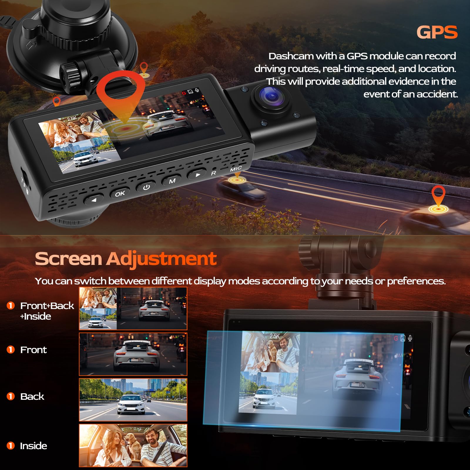 CAMECHO 3 Canaux Dashcam 2.5K Caméra embarquée Avant et arrière avec Vision Nocturne, GPS Ecran Dashcam 3.16 Pouces Enregistrement en Boucle, WiFi(APP), Mode Parking, Détection de Mouvement, Capteur G