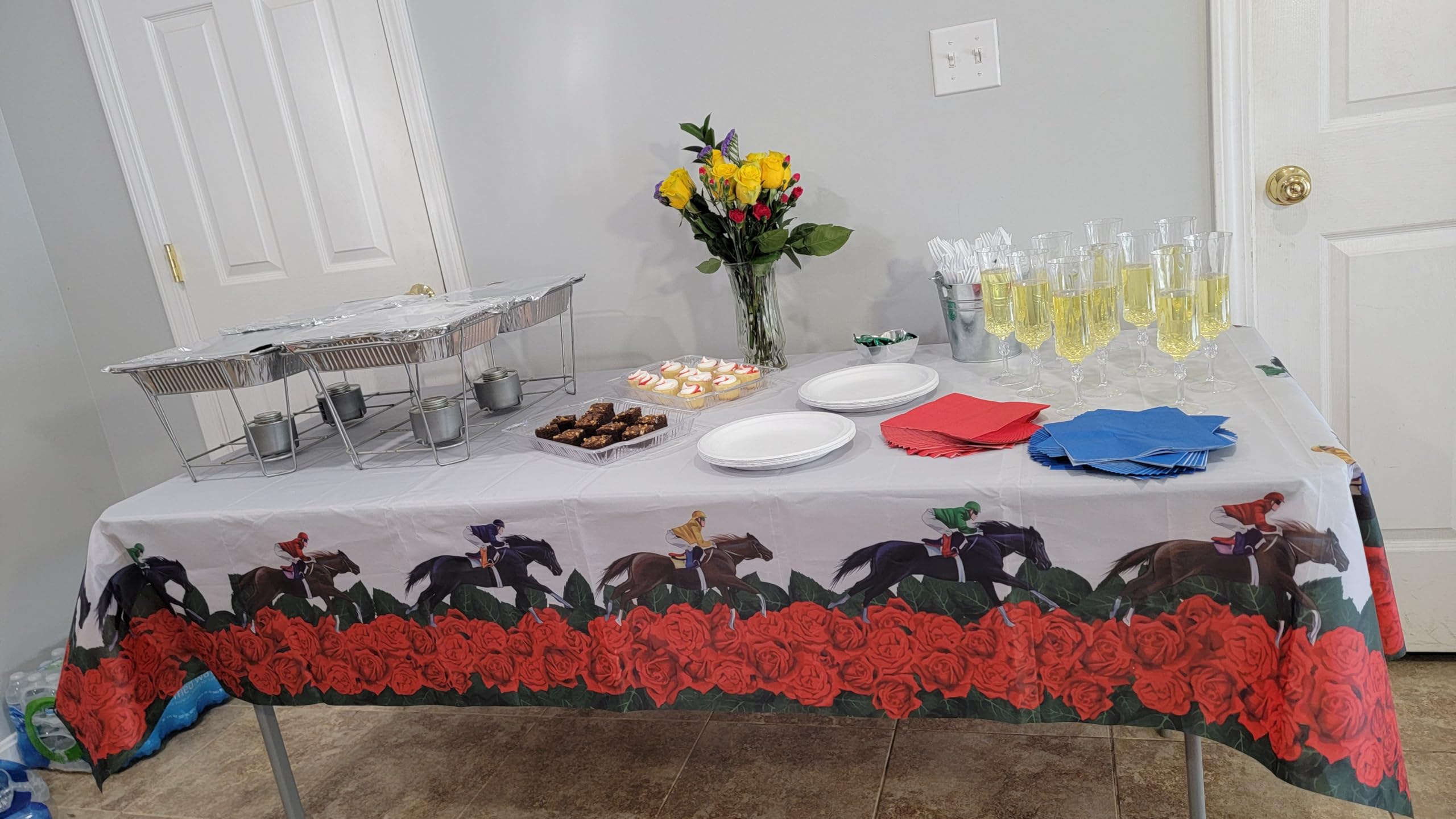 Condition photo showing New/Like New for Kentucky Horse Racing, Derby Party, Reusable & Polyester Wipe Clean Tablecloth, Waterproof & Oil Resistant, Table Decoration, 54 x 96 in (fits 6 ft Rectangle Table, Roses w/Horses & Jockeys