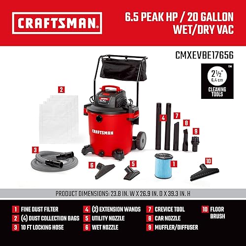 Miniatura 3 de CRAFTSMAN CMXEVBE17656 - Aspiradora húmeda y seca de 20 galones, 6.5 pico de HP con carrito, aspiradora de tienda resistente con filtro de polvo