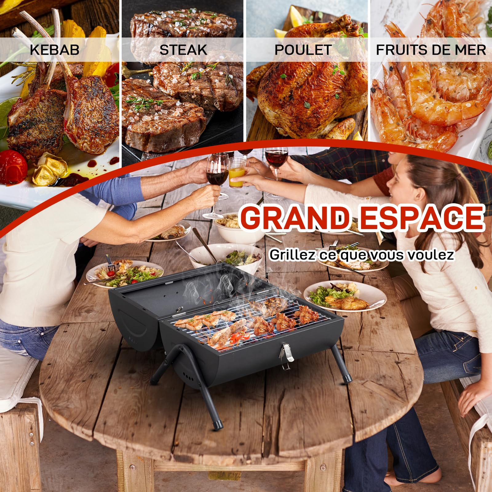 LEADZM Barbacoa de carbón portátil con termómetro y asa de madera, barbacoa compacta de mesa para camping al aire libre y jardín, 34×22 cm