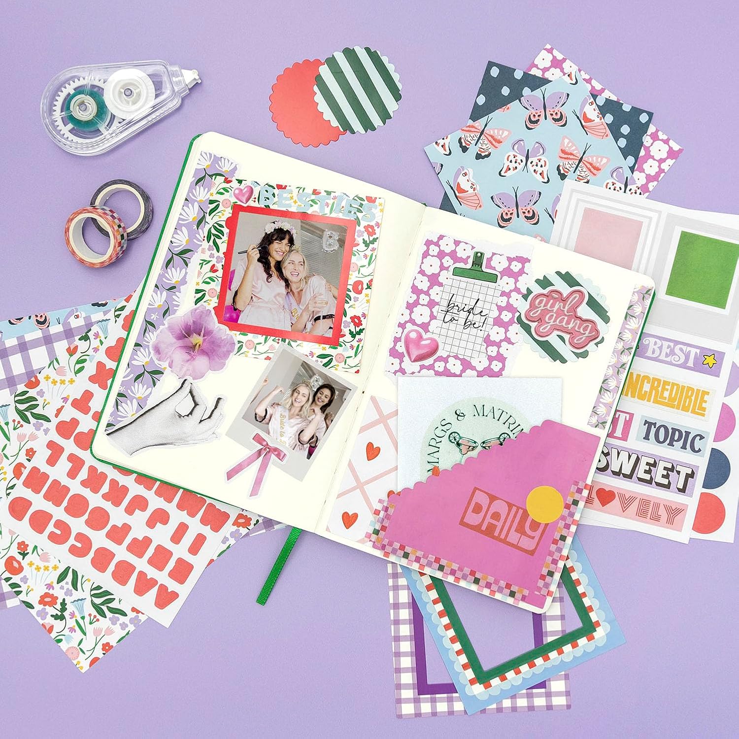 PAPERAGE Junk Journal & Scrapbook Kit, Hardcover Blank Journal Notebook, 20 Patterned Papers, 8 Sticker Sheets, 20 Die-Cut Shapes, 2 Washi Tapes & Tape Roller, Creative Journaling Supplies - Lavender