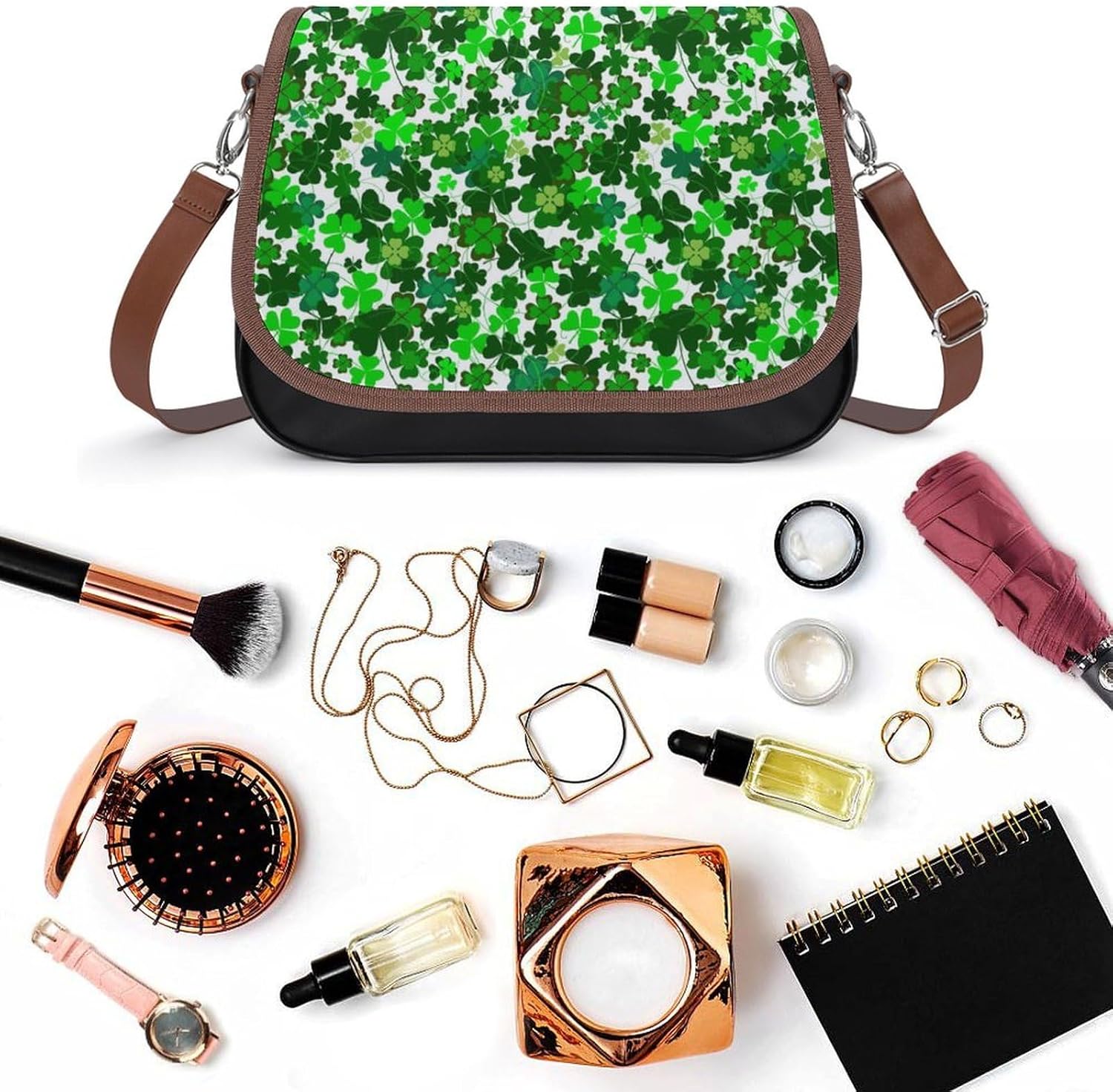 Luck O' The Irish ShamrocksWomen's Faux Leather Crossbody Bag, Waterproof Wrinkle-Resistant Shoulder Bag with Detachable Strap, Large Capacity Casual Handbag, Fashion Daily Purse for Shopping Work Dat